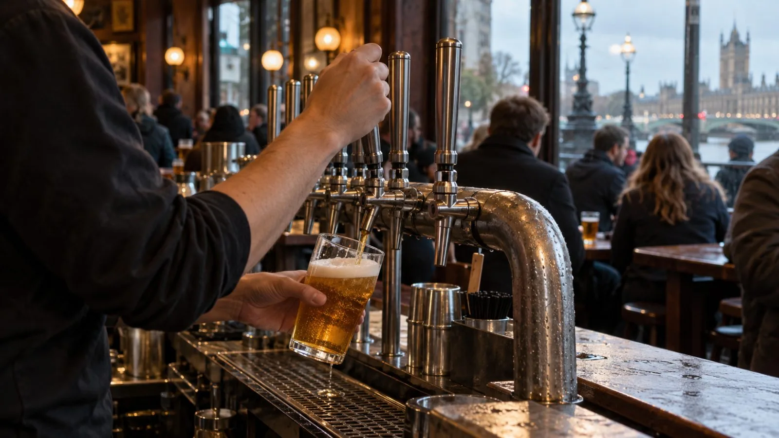 A bartender pours a pint behind the bar at a pub in London. (AI-generated image / EconoTimes)