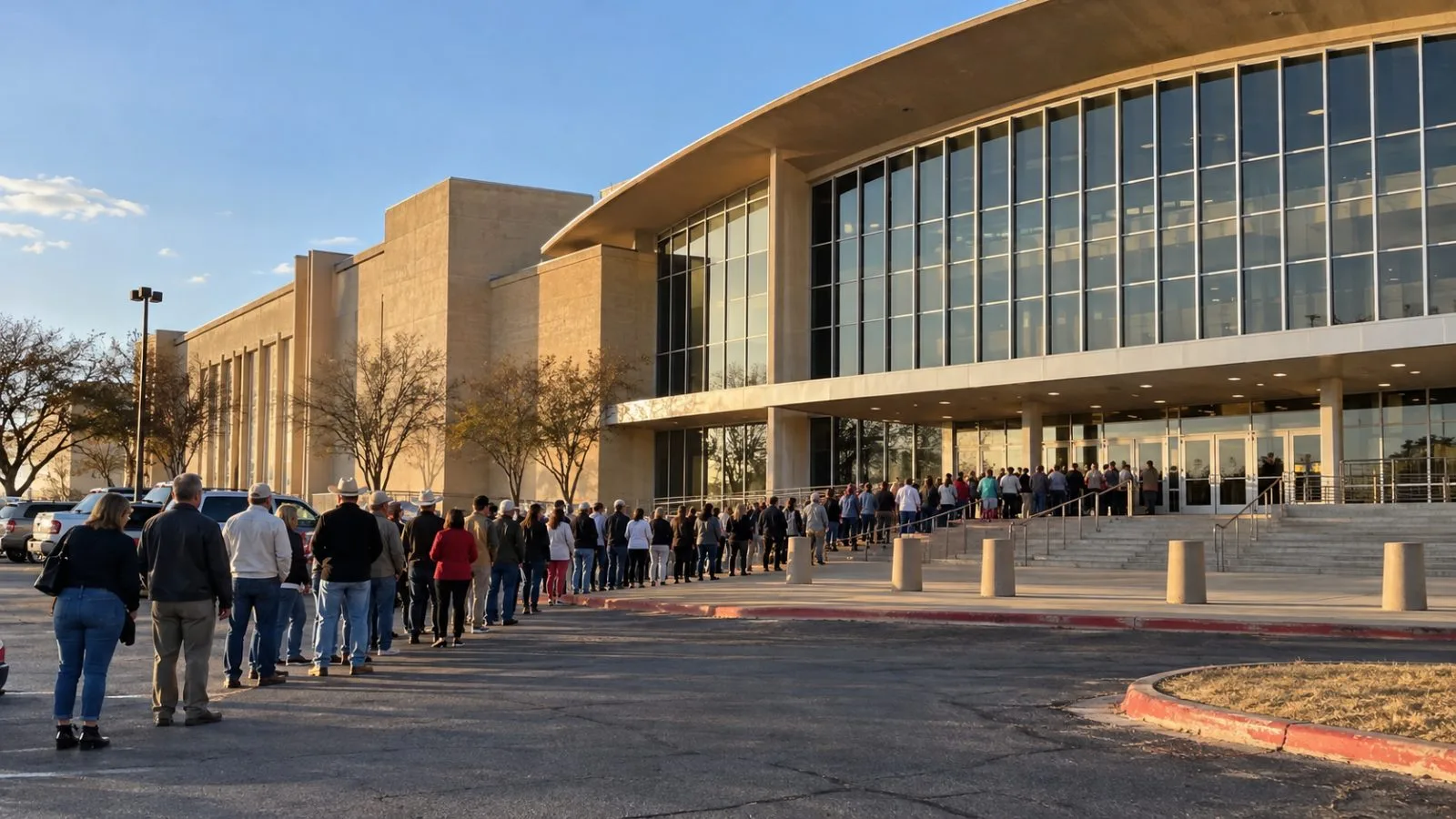 Rallygoers queue outside the Lubbock Memorial Civic Center in Lubbock, Texas (AI-generated image / EconoTimes)