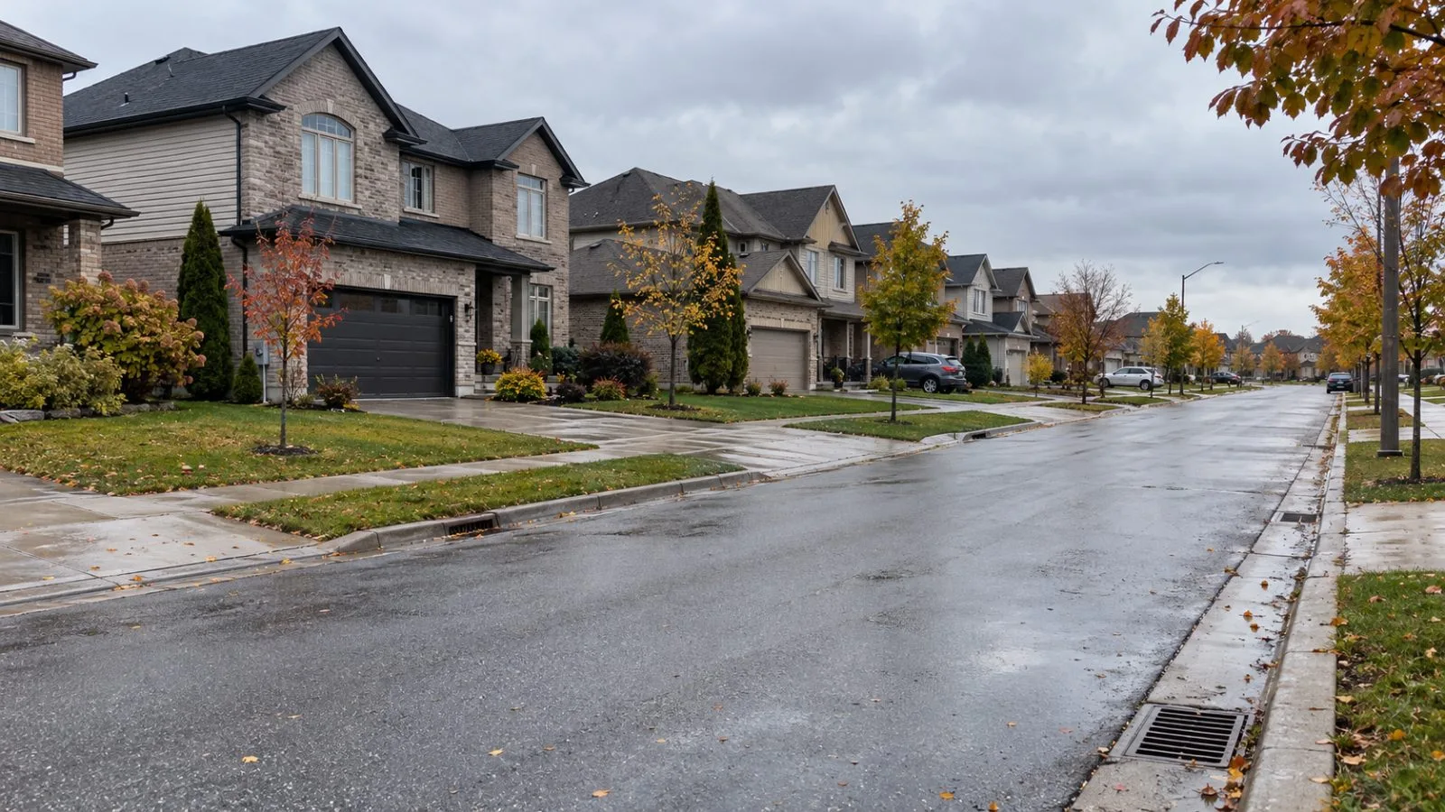 Stormwater catch basins line a residential road in Windsor, Ontario, Canada (AI-generated image / EconoTimes)