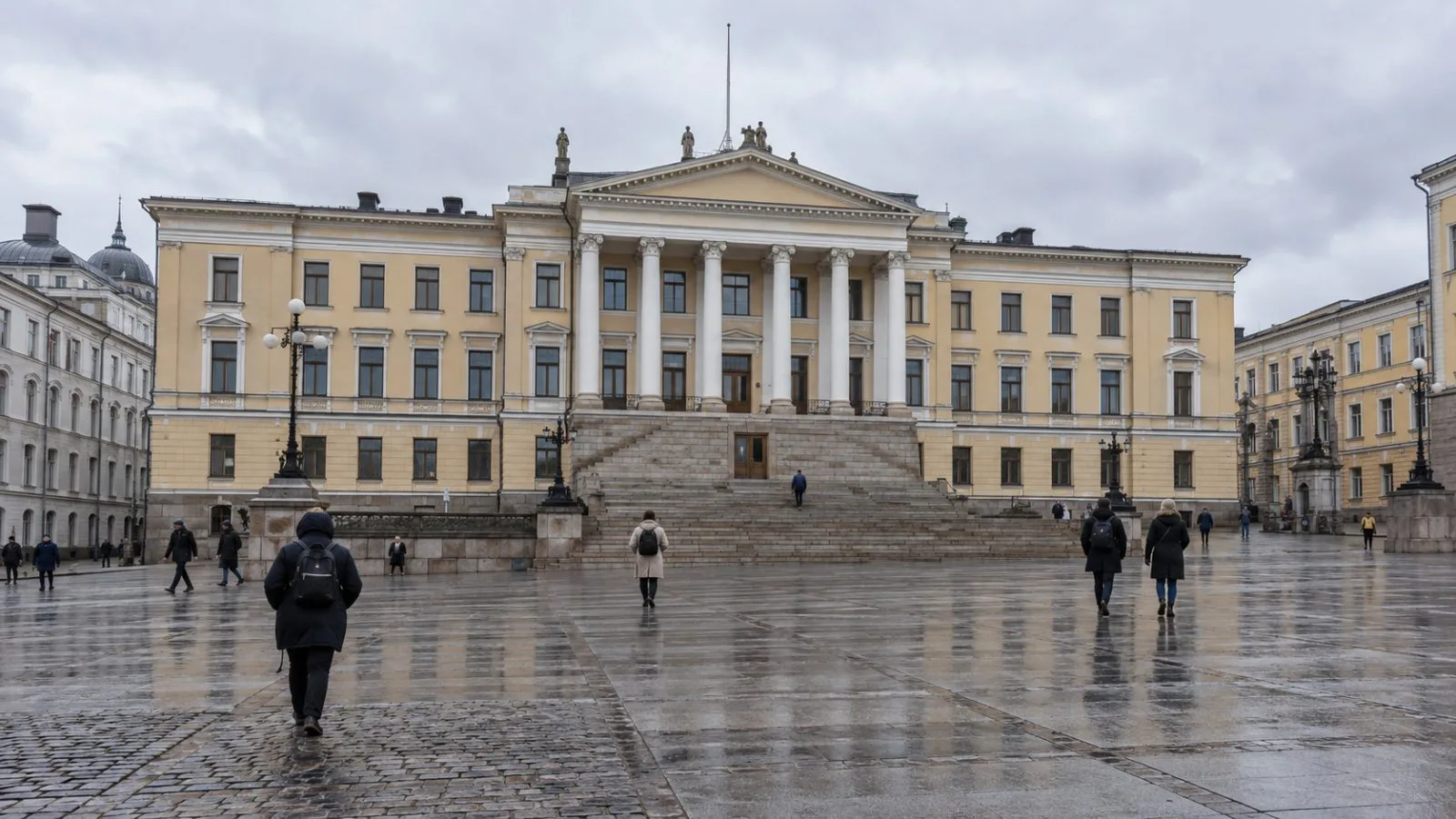 People cross Senate Square beside the University of Helsinki’s Main Building in Helsinki beneath an overcast sky. (AI-generated image / EconoTimes)