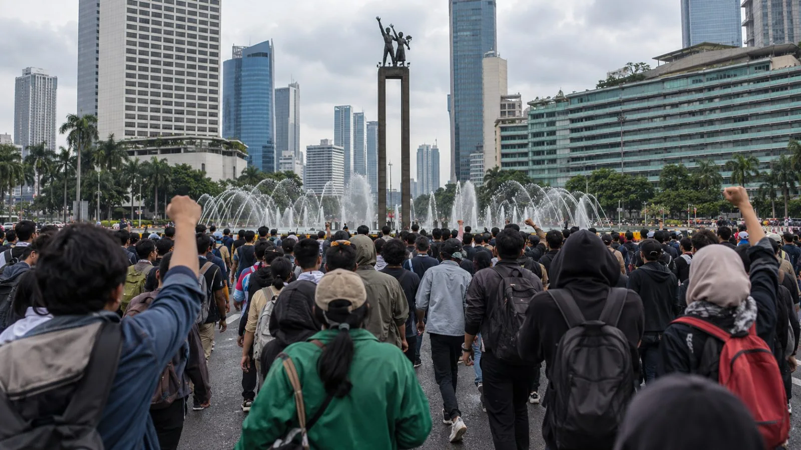Demonstrators gather at Bundaran HI in Jakarta during a daytime protest. (AI-generated image / EconoTimes)