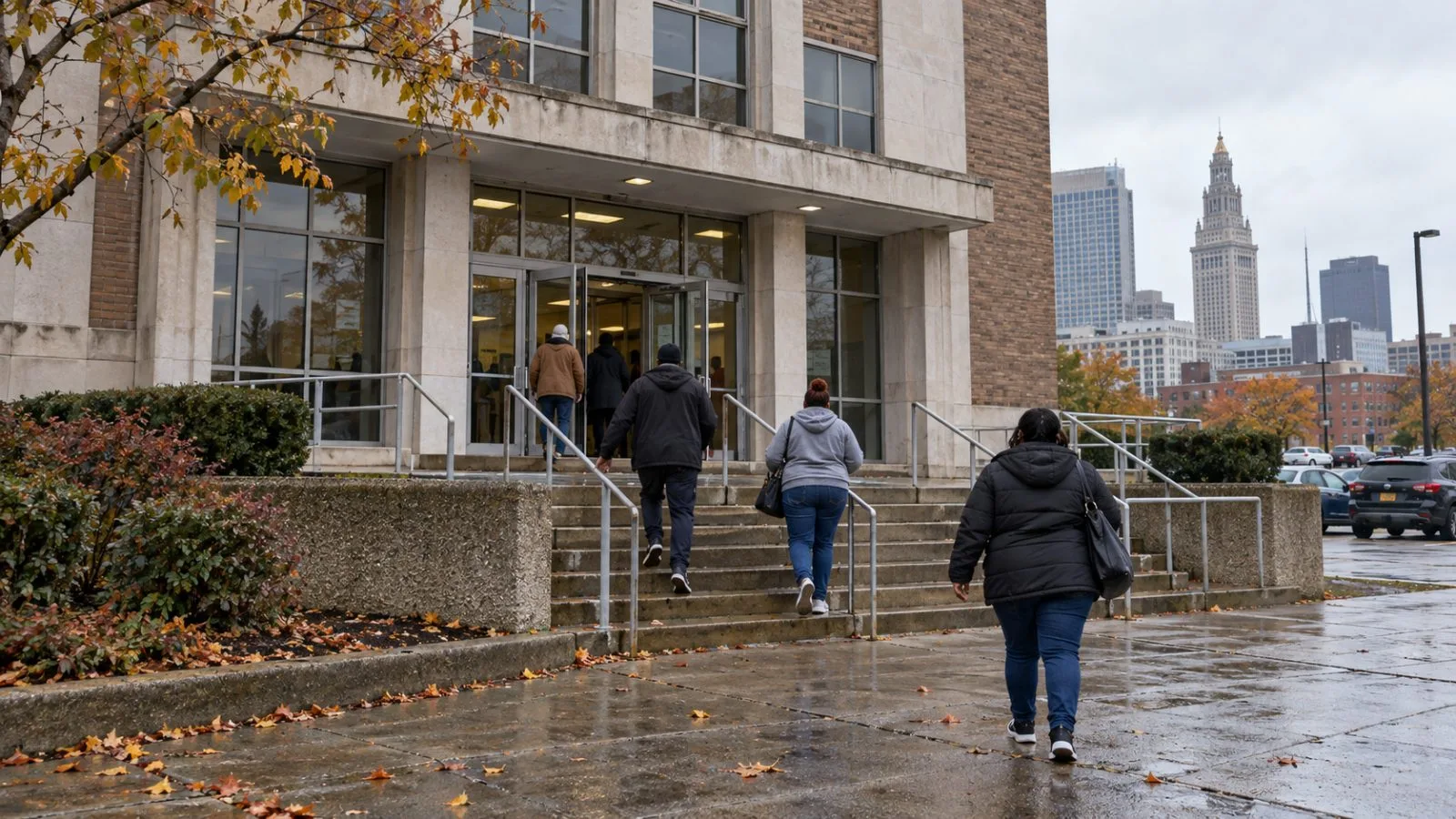 Visitors enter a public assistance office in Cleveland, Ohio, on an overcast morning. (AI-generated image / EconoTimes)