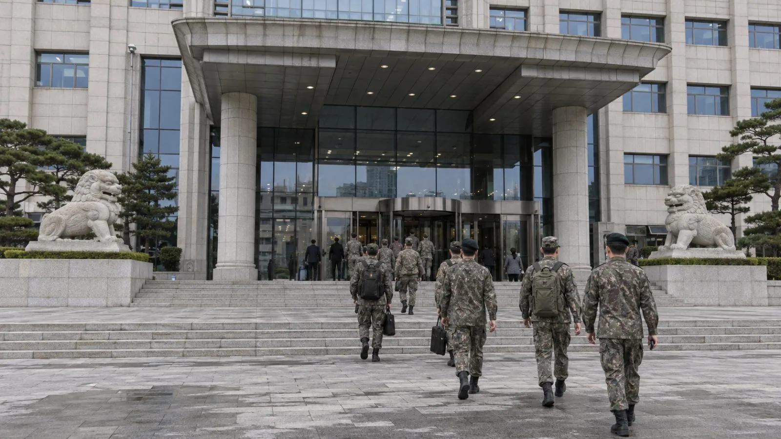 Uniformed personnel enter South Korea’s Ministry of National Defense in Seoul. (AI-generated image / EconoTimes)