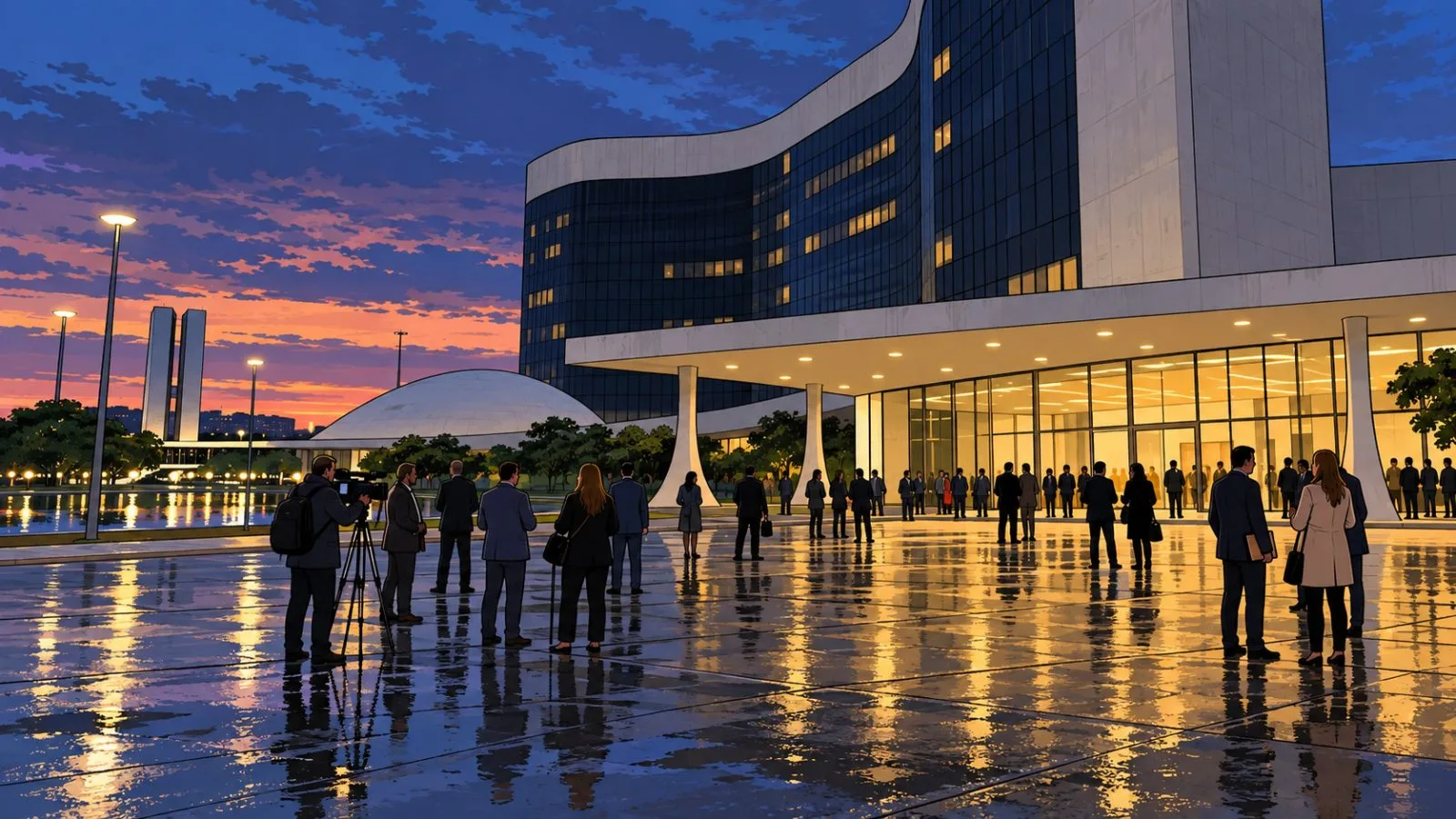 Journalists gather outside Brazil’s Superior Electoral Court in Brasília at dusk. (AI-generated image / EconoTimes)