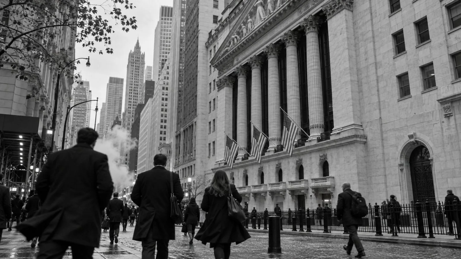 Pedestrians pass the stone facade of the New York Stock Exchange in Manhattan. (AI-generated image / EconoTimes)