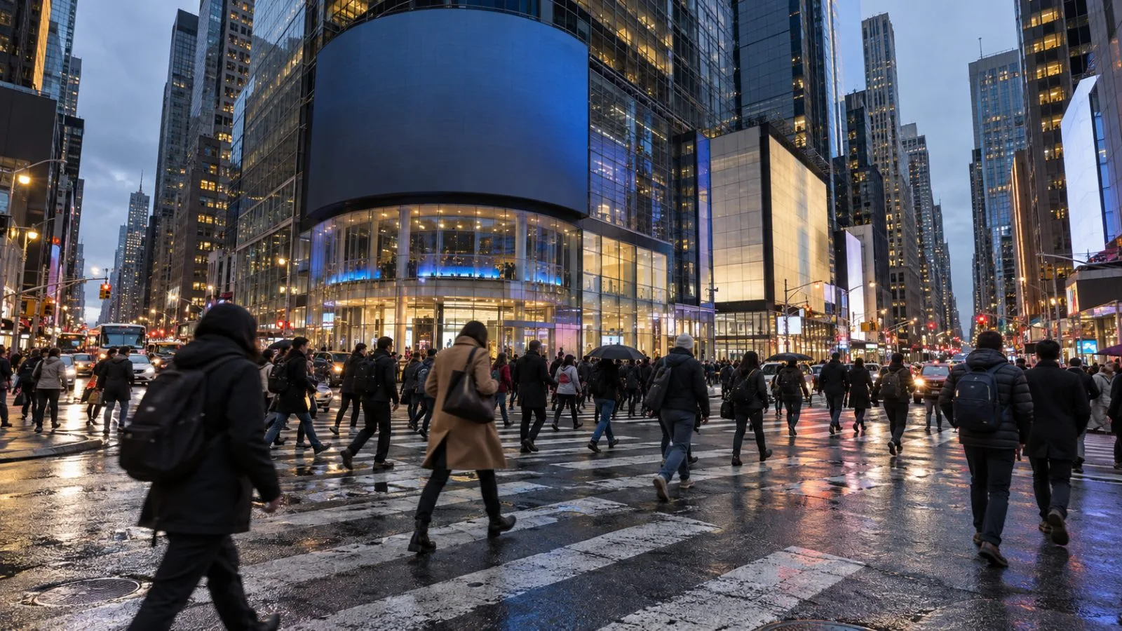 Pedestrians pass the Nasdaq MarketSite in Times Square, New York, at dusk. (AI-generated image / EconoTimes)