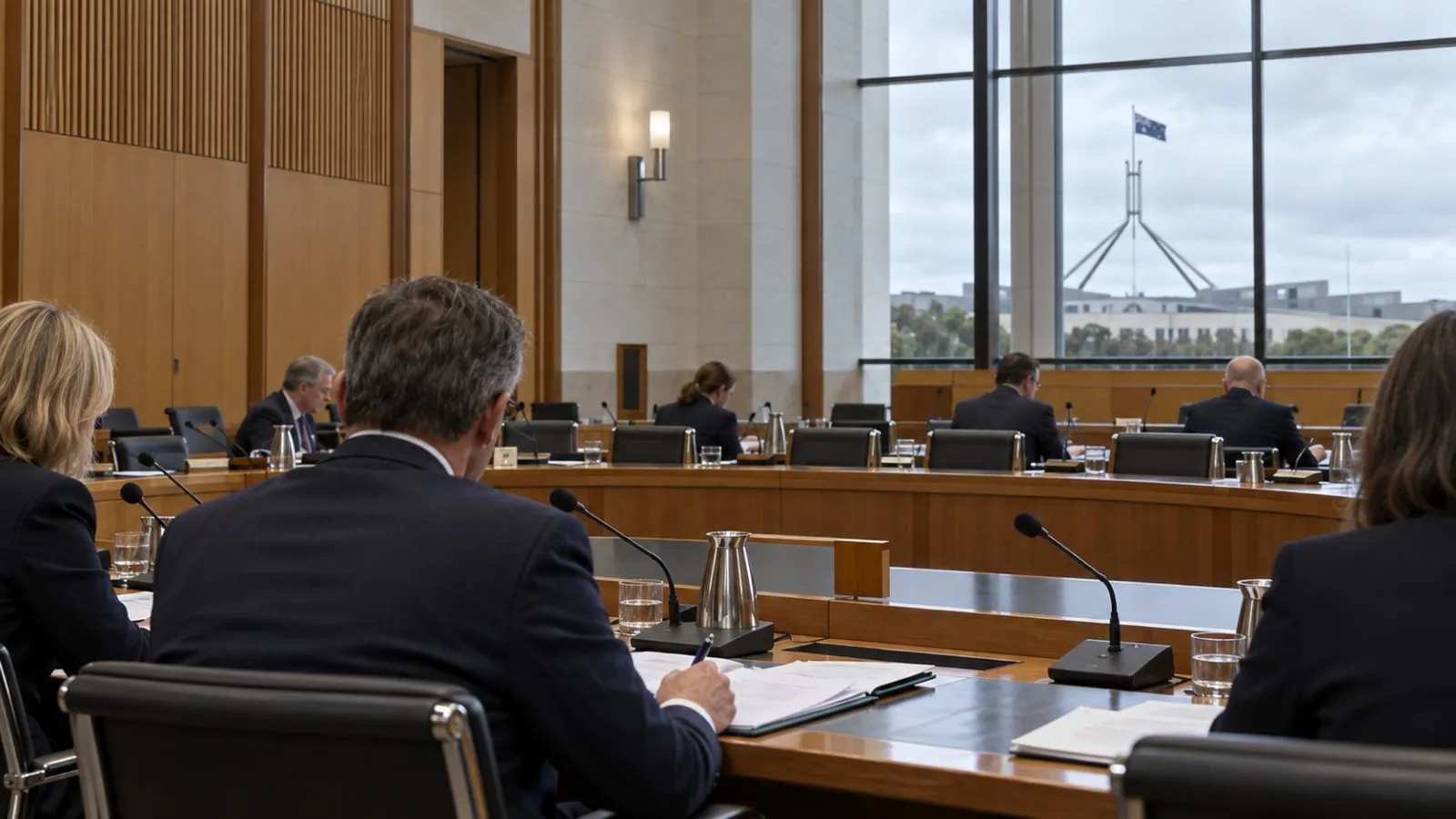 Attendees sit beside microphones in a committee room at Parliament House, Canberra. / EconoTimes.ai