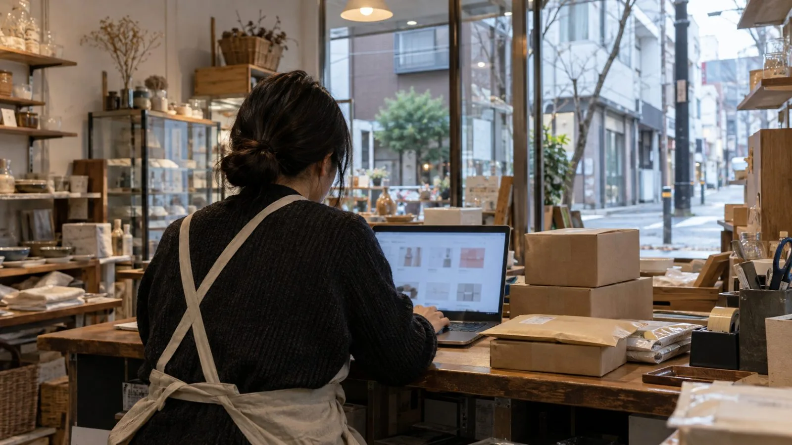 A shop worker checks an online storefront beside packed orders in Tokyo, Japan. (AI-generated image / EconoTimes)