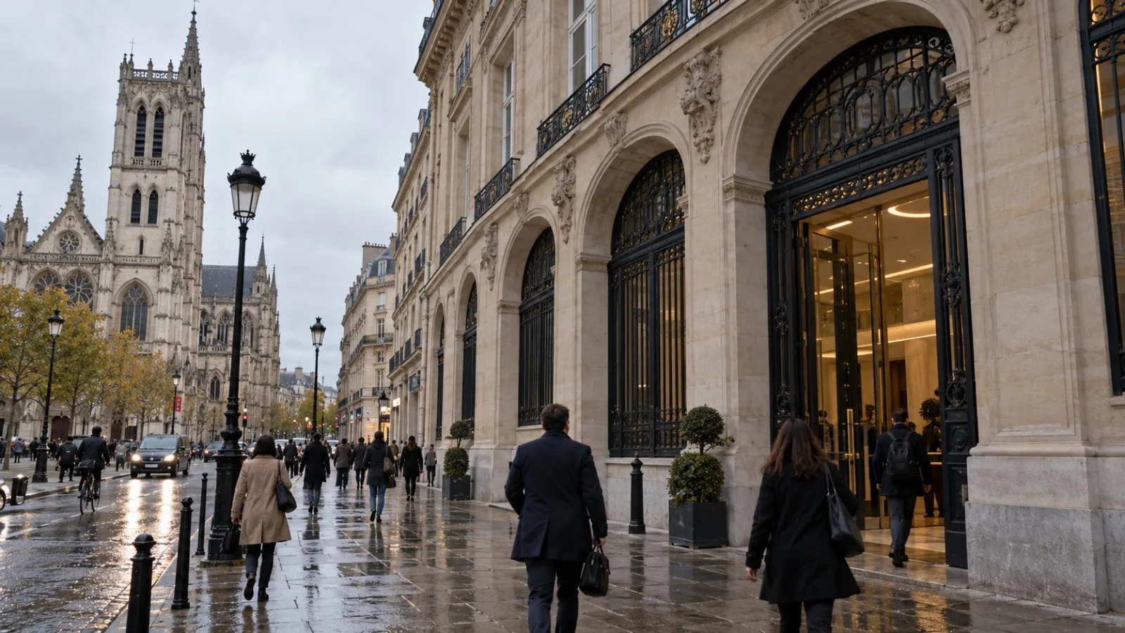 People walk past the Unified Patent Court’s Paris entrance on Rue Saint-Germain l’Auxerrois. (AI-generated image / EconoTimes)