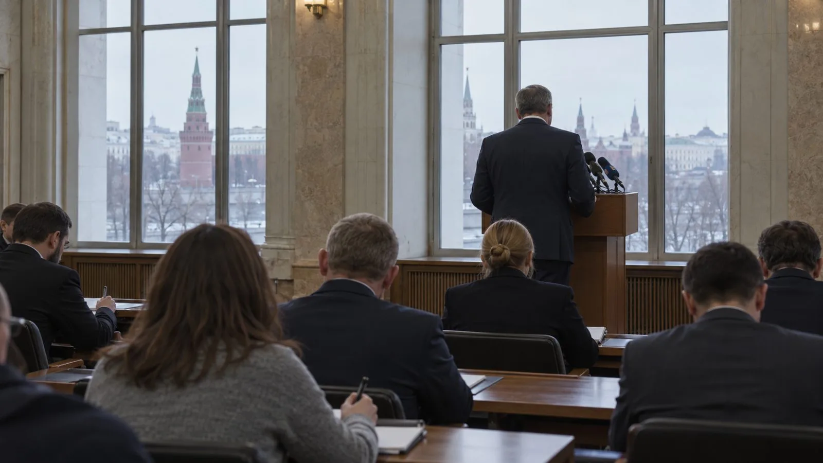 Journalists face a lectern during a government briefing in Moscow, Russia. (AI-generated image / EconoTimes)