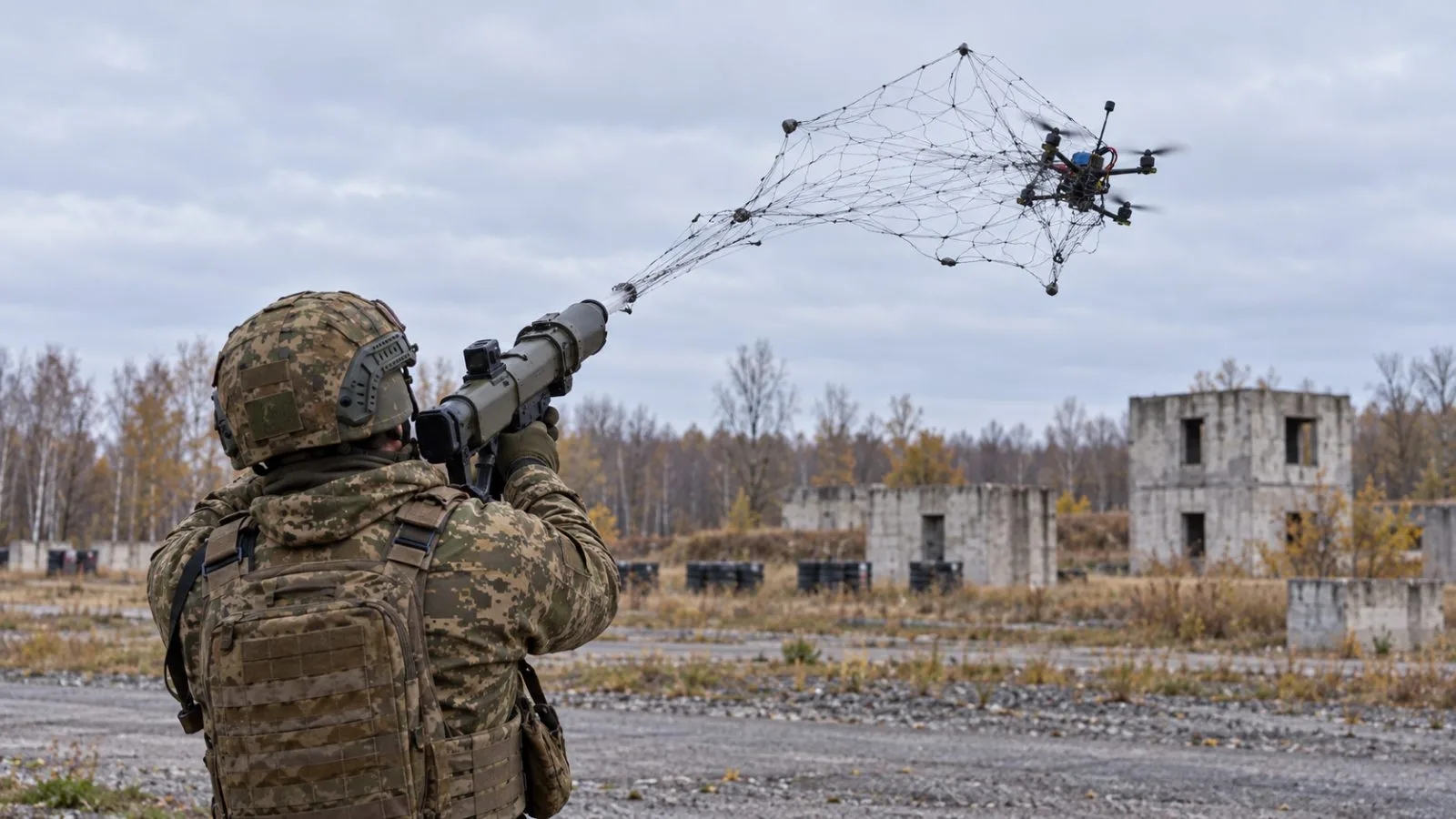 A Ukrainian soldier fires a net launcher at a drone during training at an unnamed site in Ukraine. / EconoTimes.ai