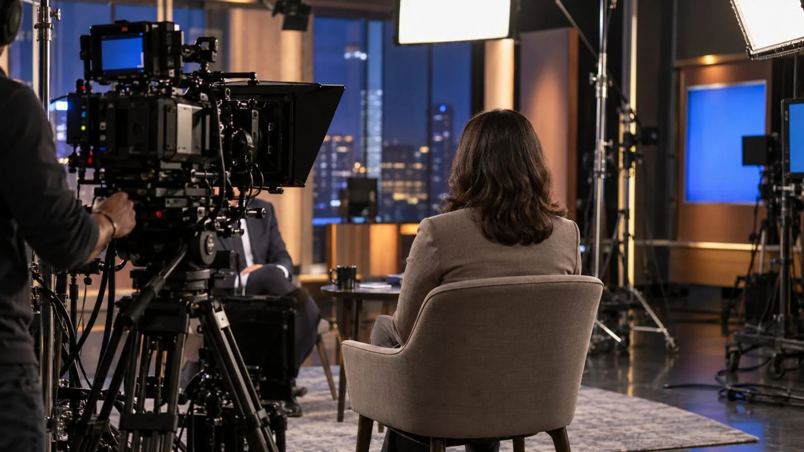 A broadcast camera faces an interview set in a New York City television studio. (AI-generated image / EconoTimes)