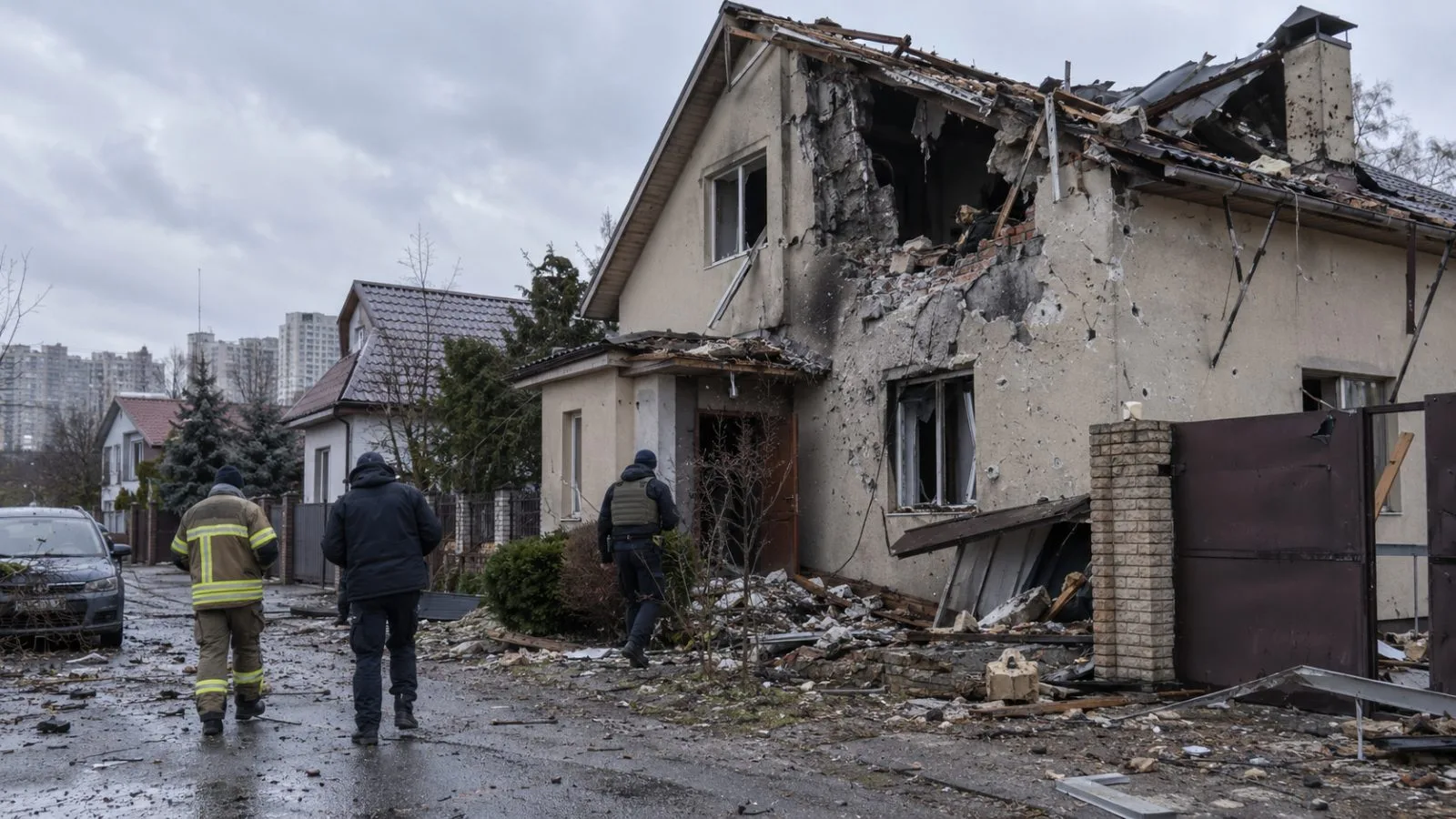 A damaged private home stands after an overnight strike in Kyiv’s Obolonskyi district. (AI-generated image / EconoTimes)
