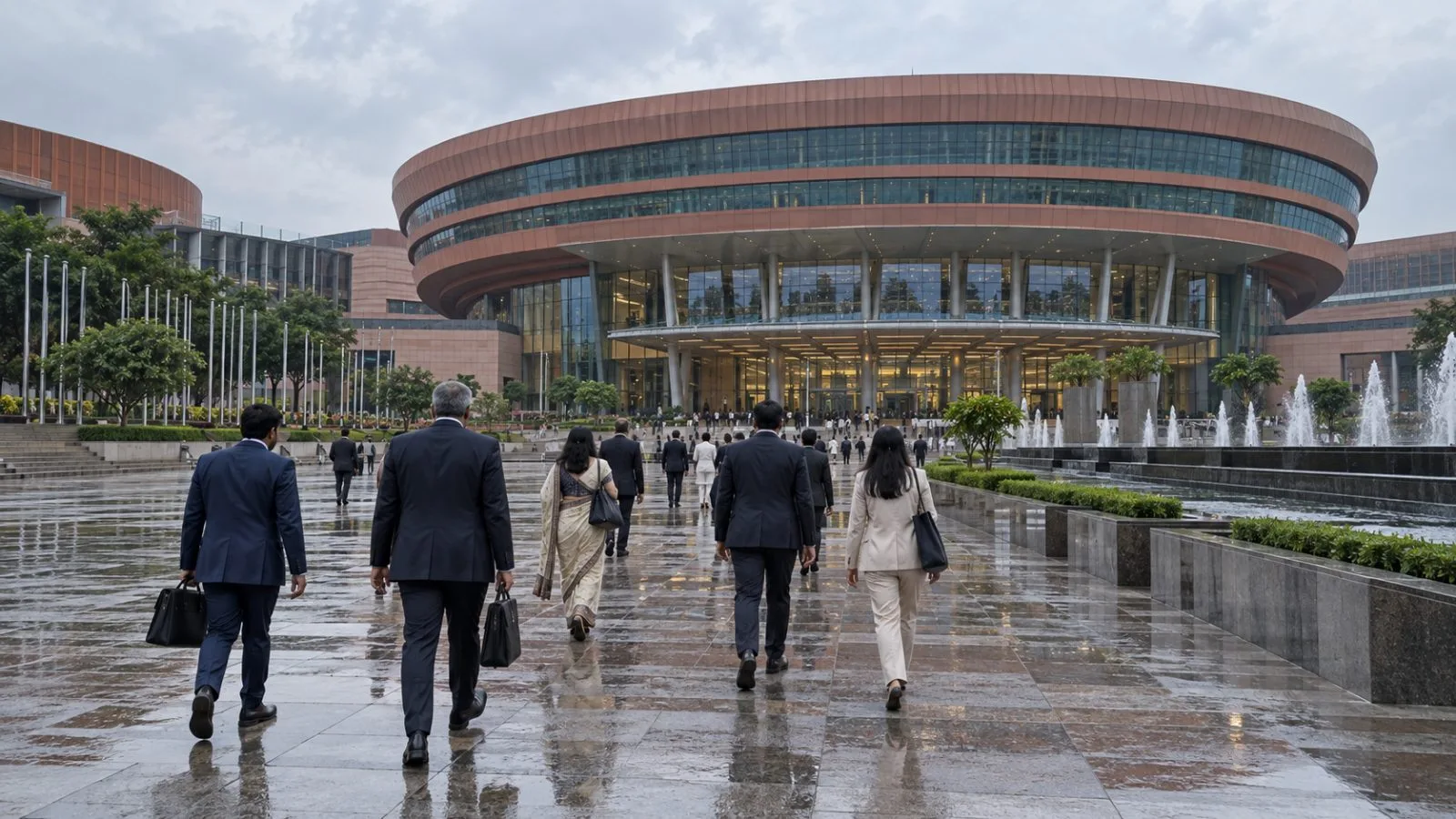 Delegates arrive at Bharat Mandapam in New Delhi for a Goods and Services Tax Council meeting. (AI-generated image / EconoTimes)