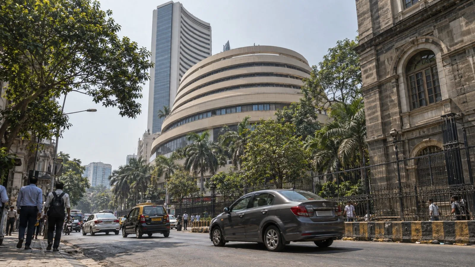 Passenger cars move through traffic near the Bombay Stock Exchange in Mumbai. (AI-generated image / EconoTimes)