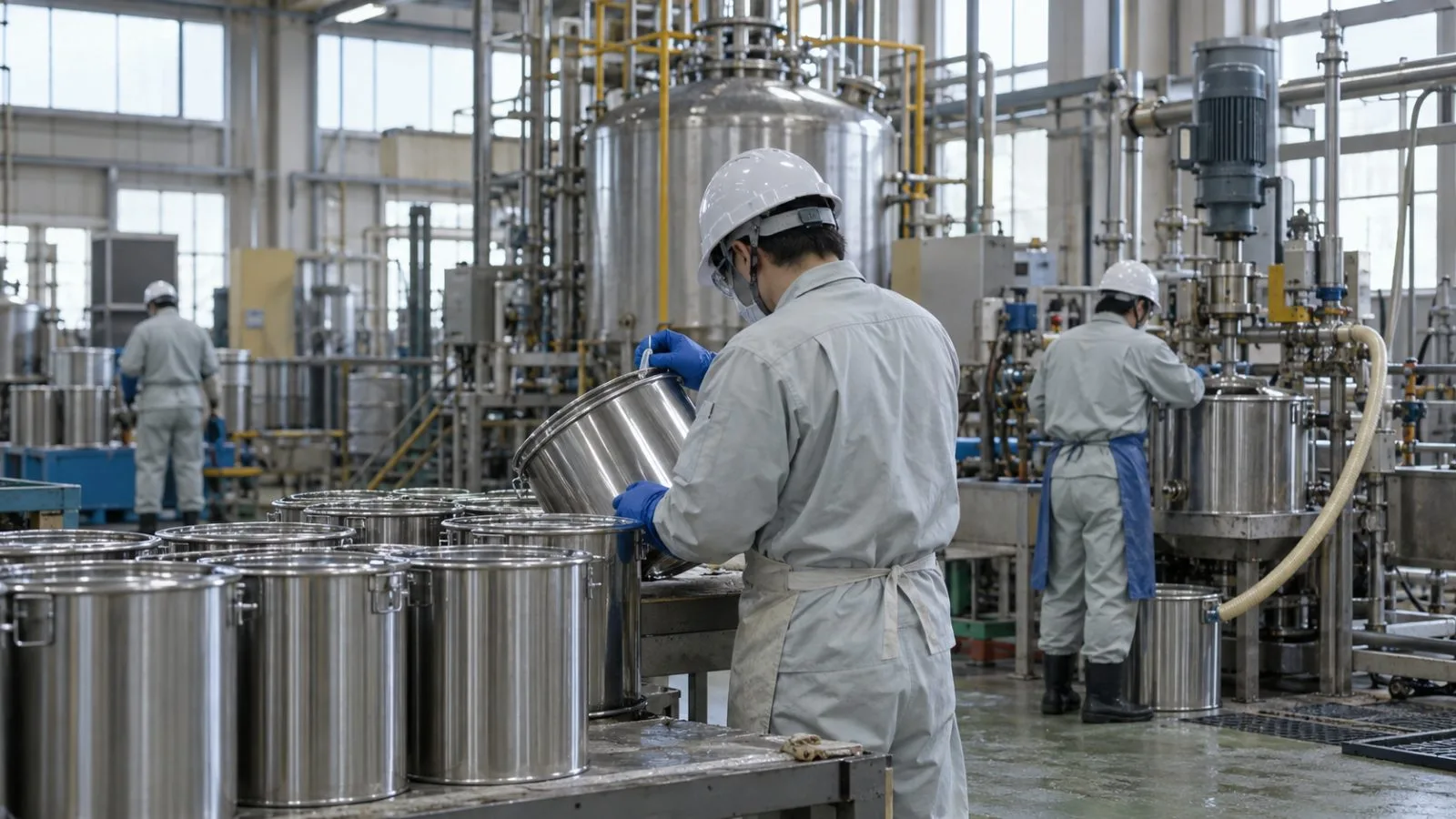 Workers inspect metal containers beside mixing equipment at an adhesives plant in Tatsuno, Japan. (AI-generated image / EconoTimes)