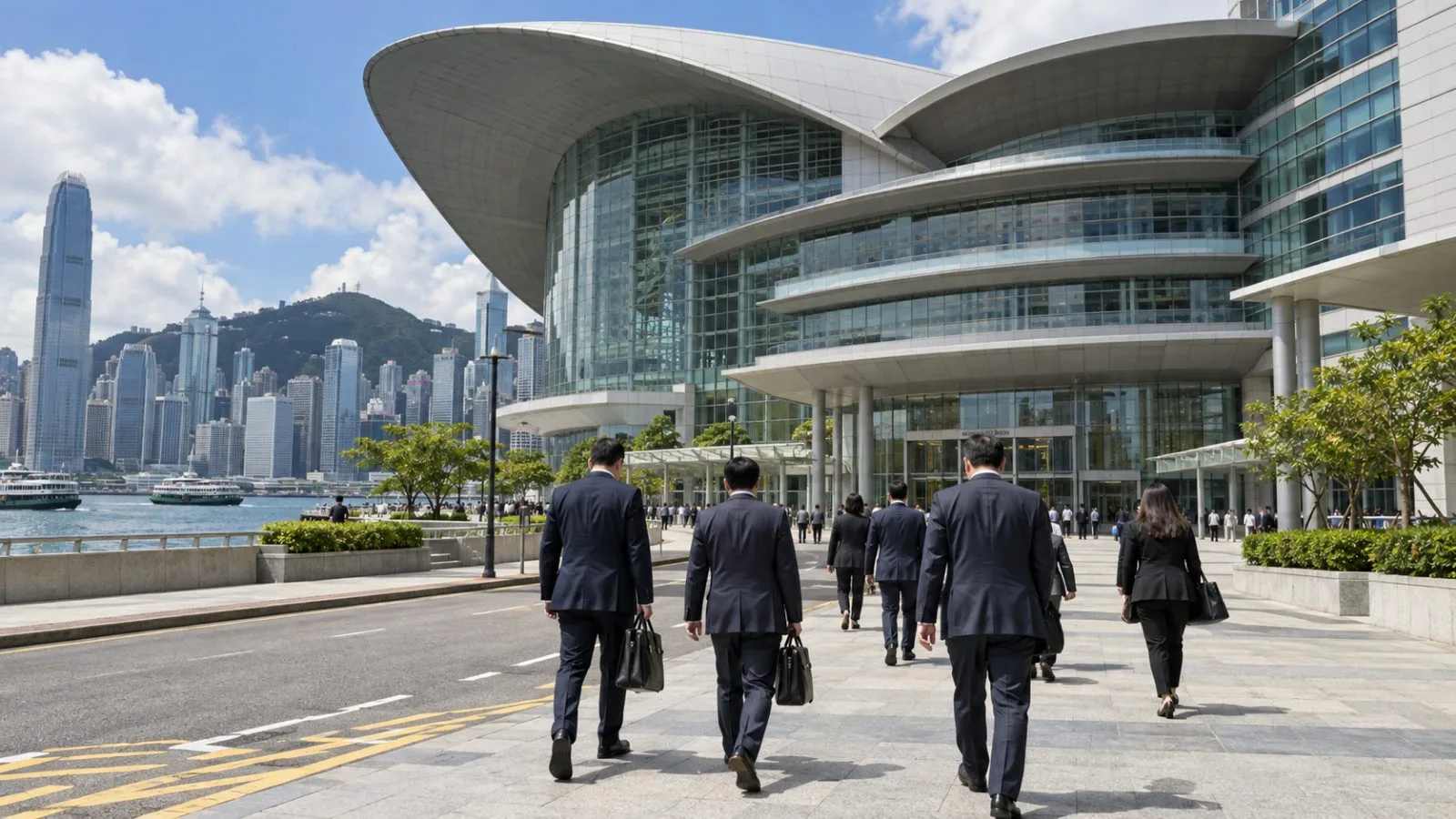Delegates enter the Hong Kong Convention and Exhibition Centre in Wan Chai. (AI-generated image / EconoTimes)