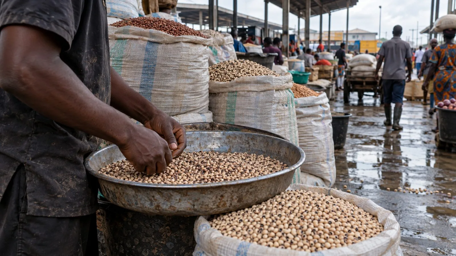 A market worker sorts dried beans at a wholesale food market in Lagos, Nigeria (AI-generated image / EconoTimes)