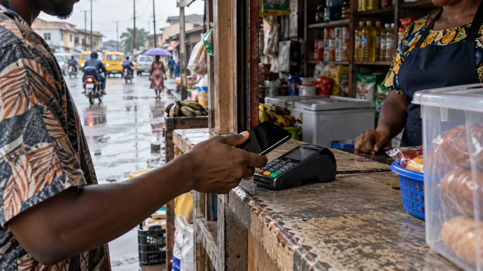A shopper taps a phone at a contactless terminal inside a supermarket in Lagos, Nigeria. / EconoTimes.ai