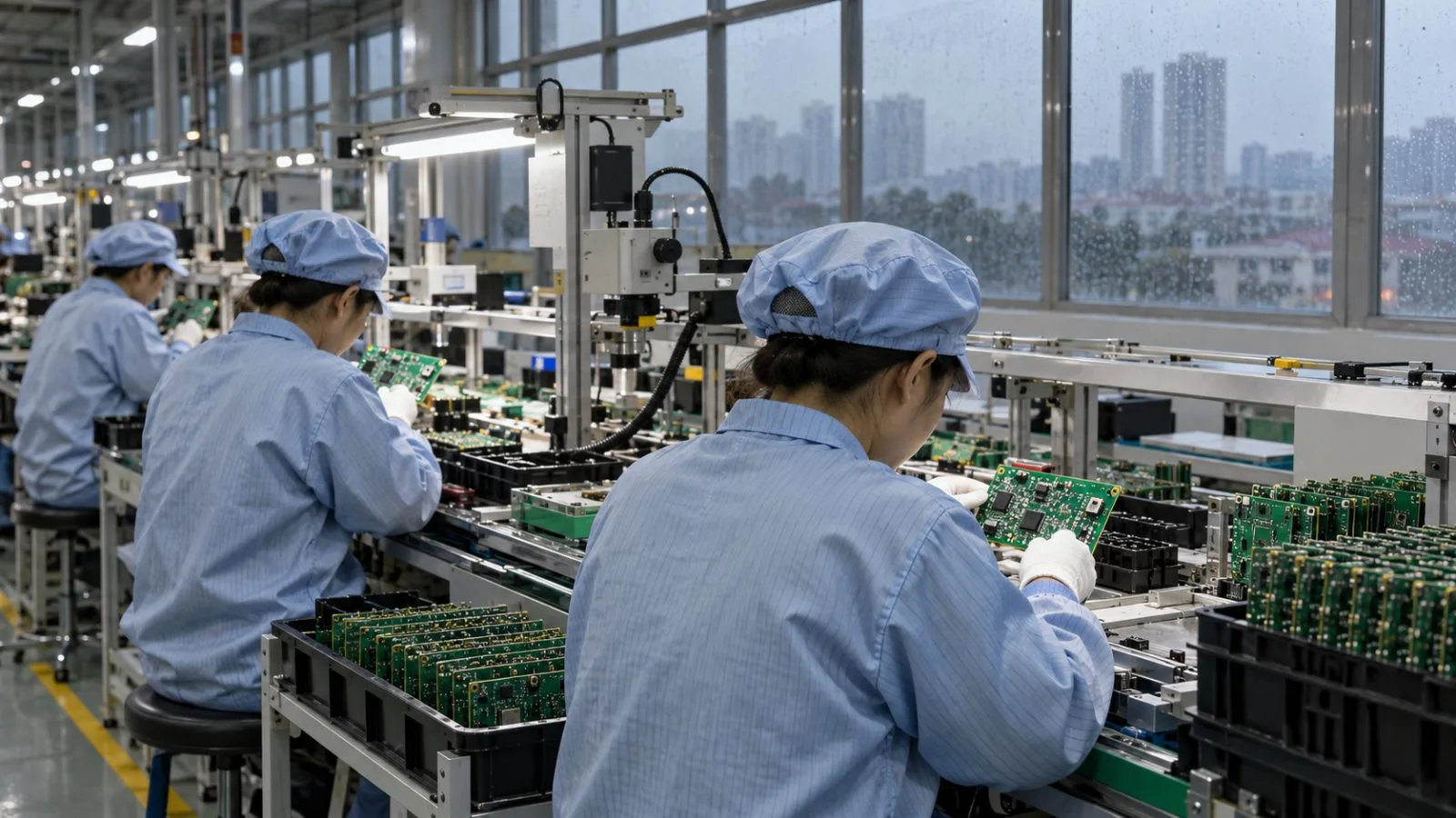 Workers inspect circuit boards on an electronics assembly line in Hanoi, Vietnam. (AI-generated image / EconoTimes)