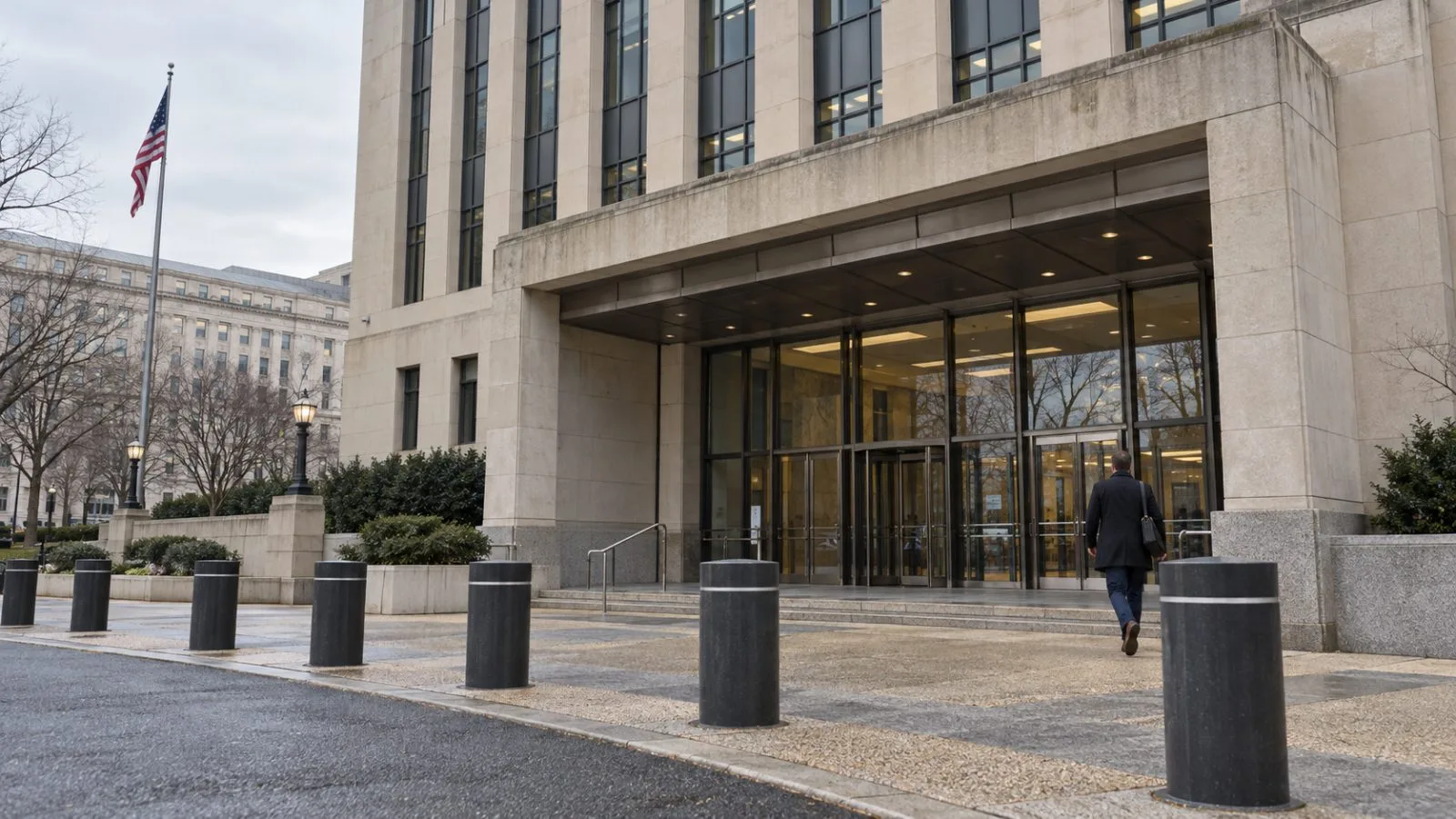 Security bollards stand outside the ATF headquarters in Washington, D.C. / EconoTimes.ai