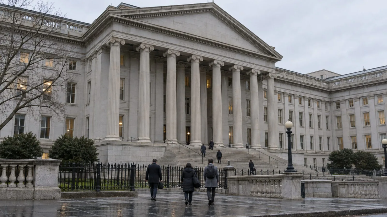 Staff enter the U.S. Treasury building in Washington on an overcast afternoon. (AI-generated image / EconoTimes)