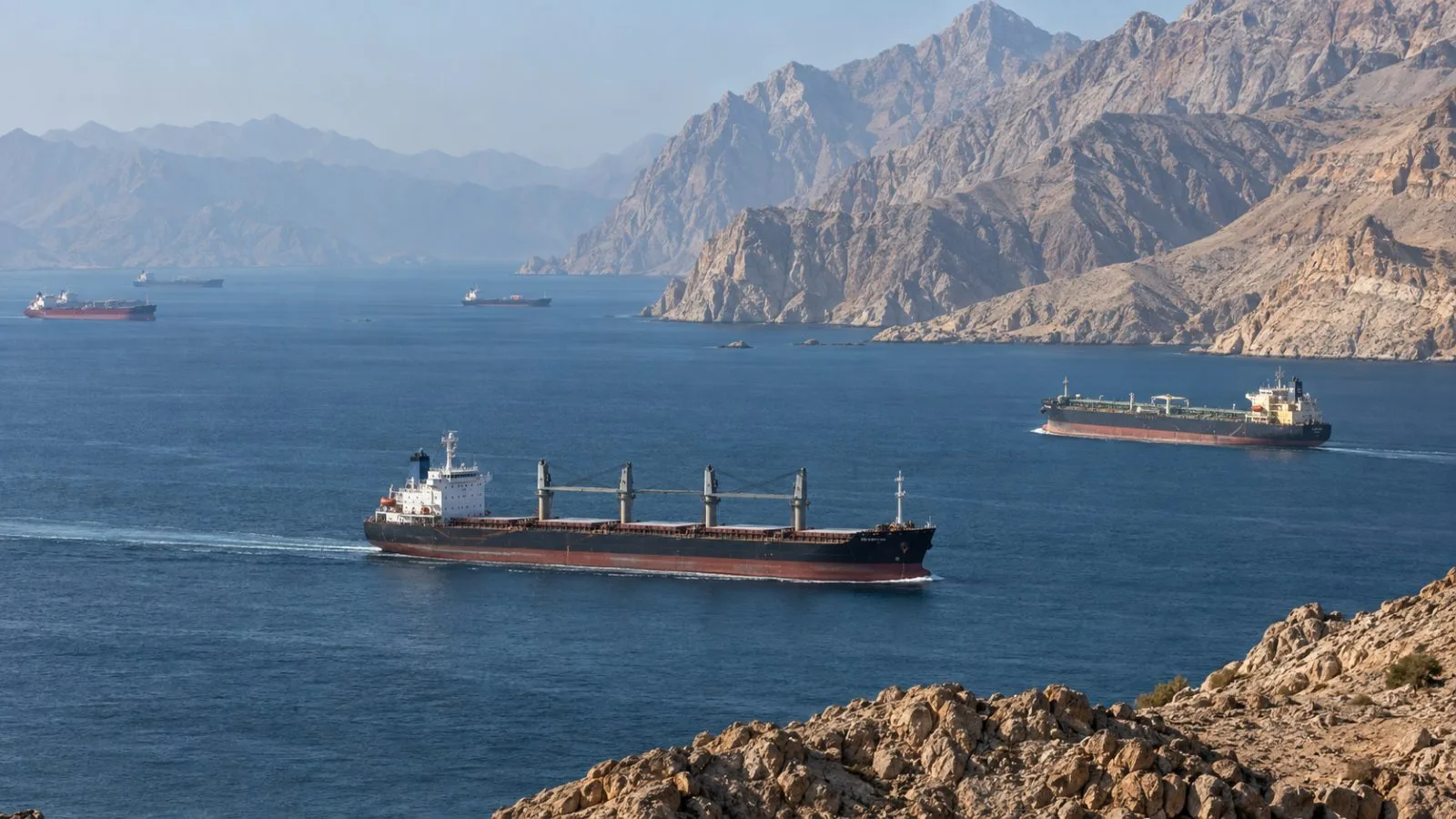 A commercial vessel transits the Strait of Hormuz off Khasab, Oman (AI-generated image / EconoTimes)