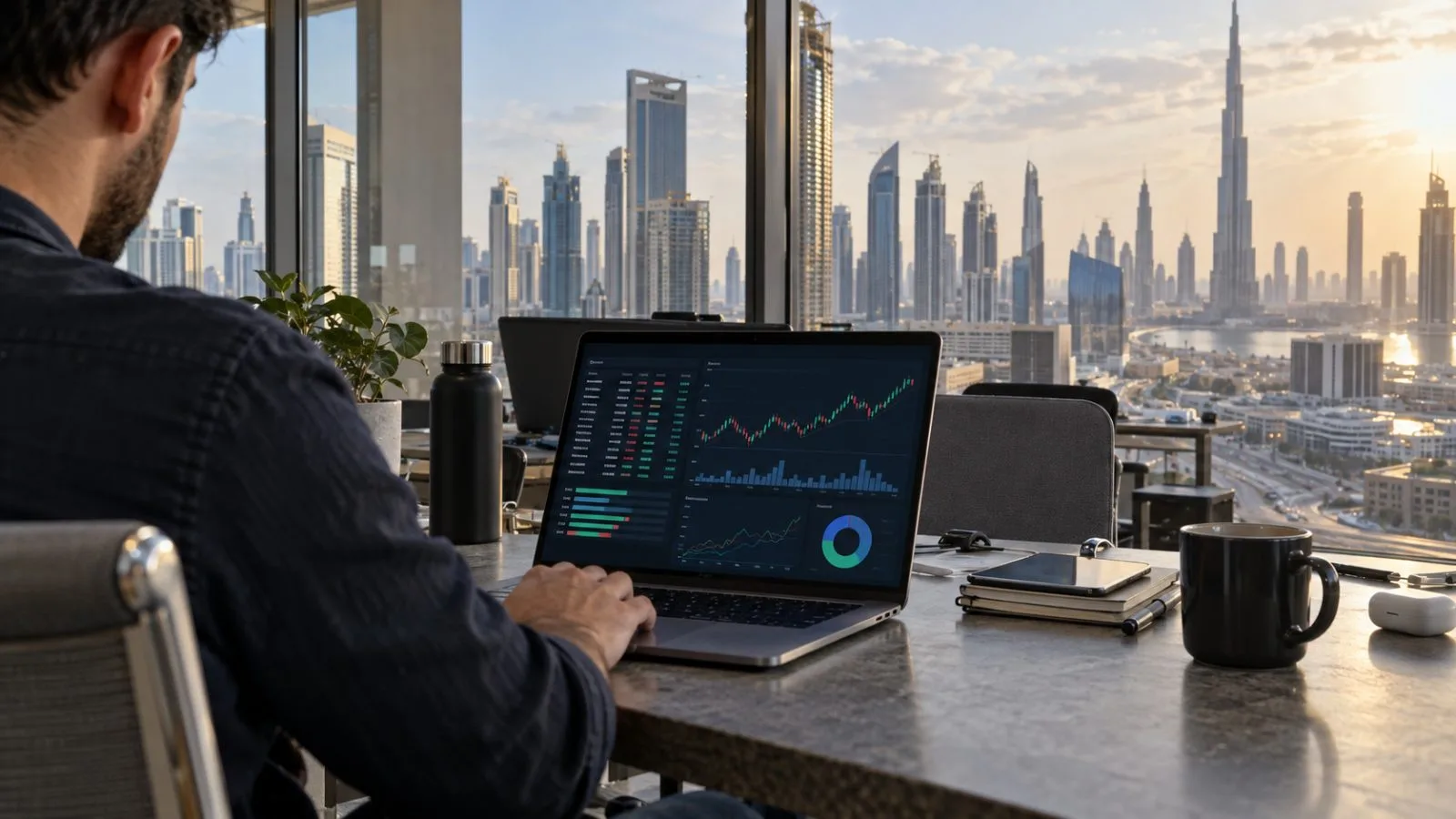 An analyst studies a DeFi dashboard on a laptop at a shared workspace in Dubai (AI-generated image / EconoTimes)