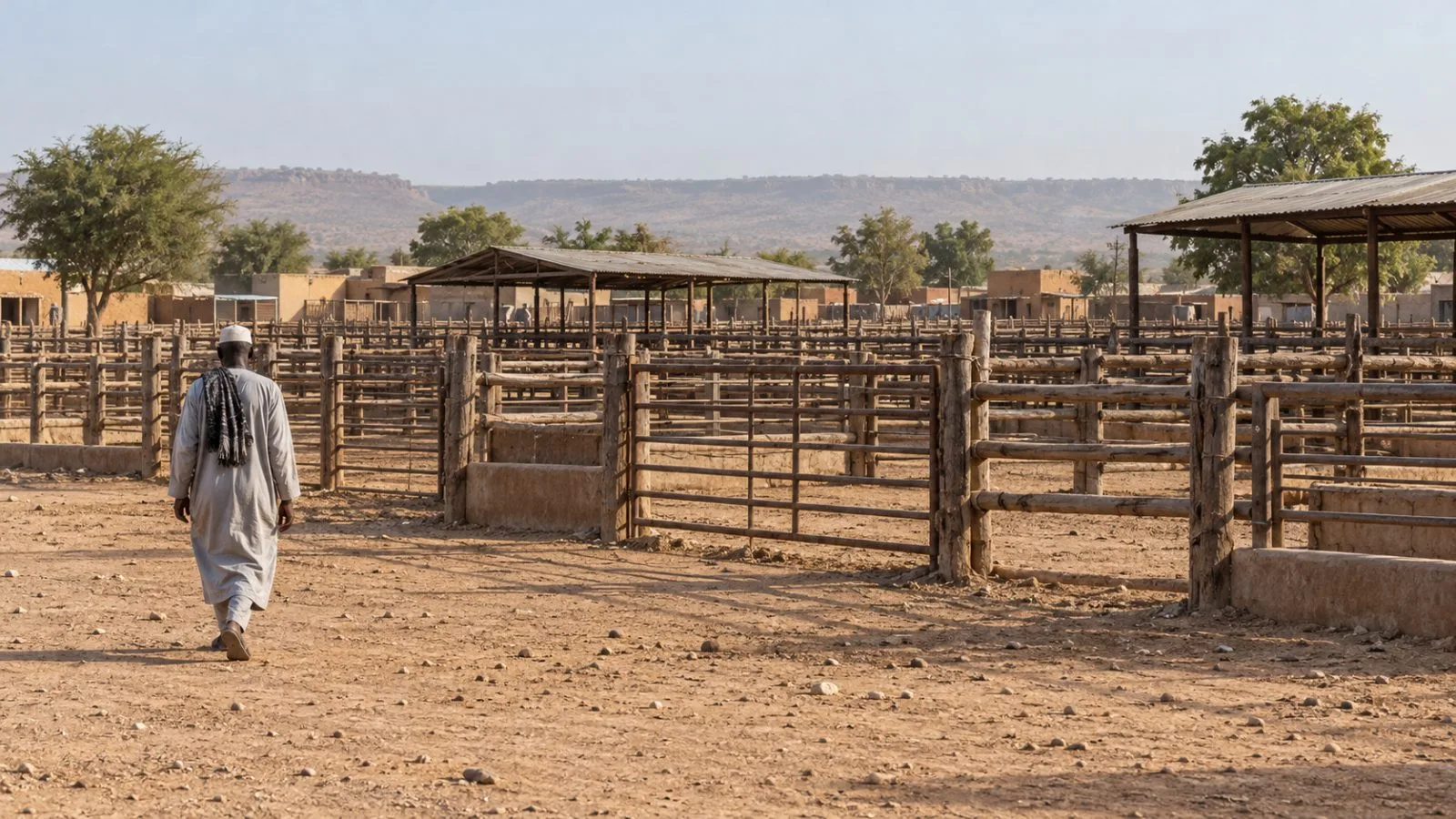 Empty cattle pens stand at a market in Tombonkore, Mali, under hazy afternoon light. (AI-generated image / EconoTimes)