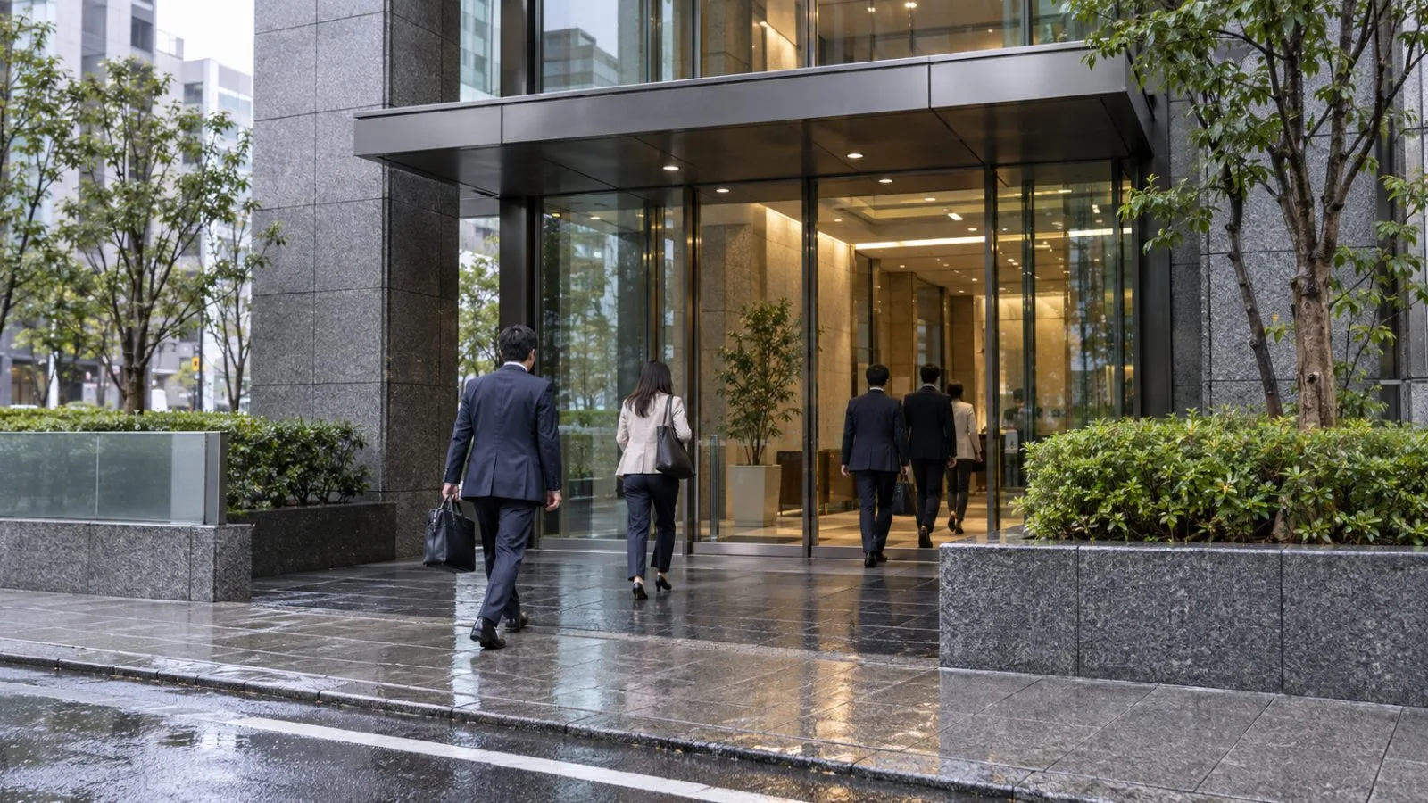Office workers enter Ono Pharmaceutical’s head office in Osaka, Japan, on a wet morning. (AI-generated image / EconoTimes)