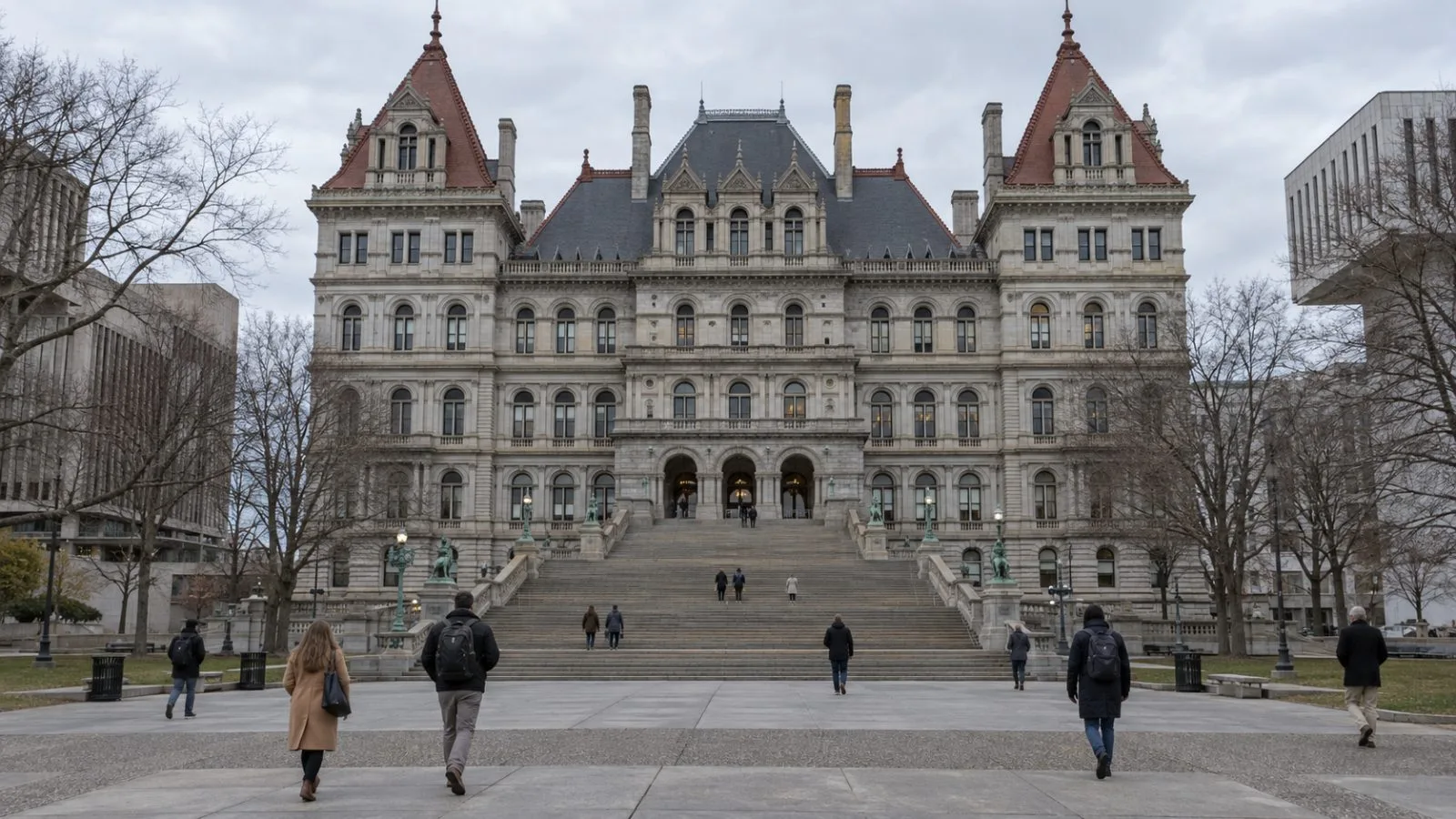 Pedestrians pass the New York State Capitol in Albany under overcast morning skies. (AI-generated image / EconoTimes)
