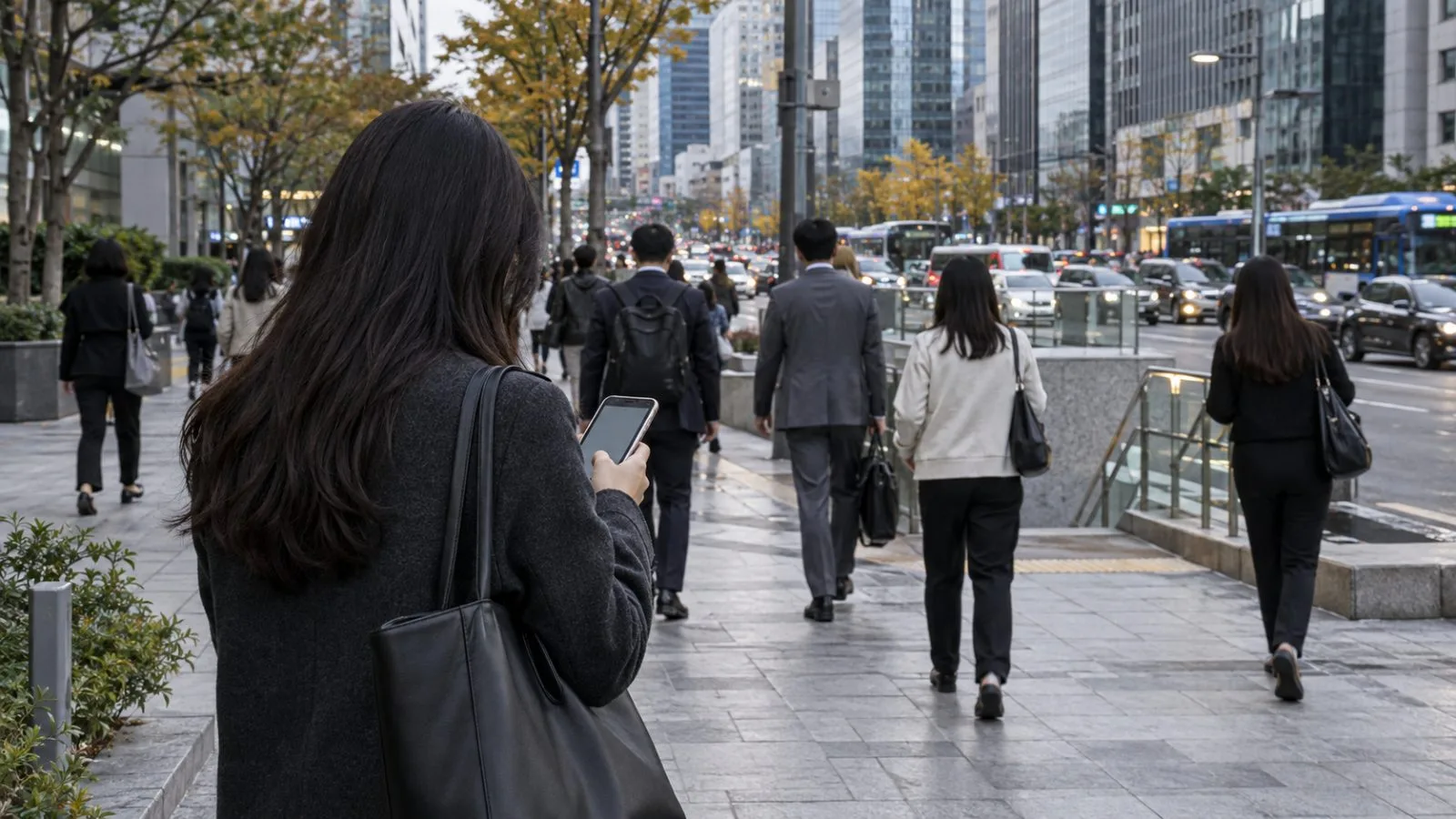 A pedestrian checks a smartphone near Gangnam Station in Seoul, South Korea. (AI-generated image / EconoTimes)