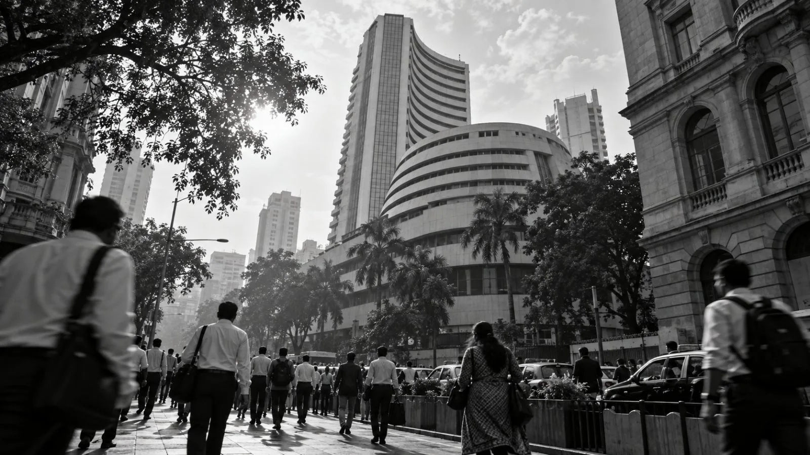 Commuters pass the Bombay Stock Exchange building on Dalal Street in Mumbai. (AI-generated image / EconoTimes)