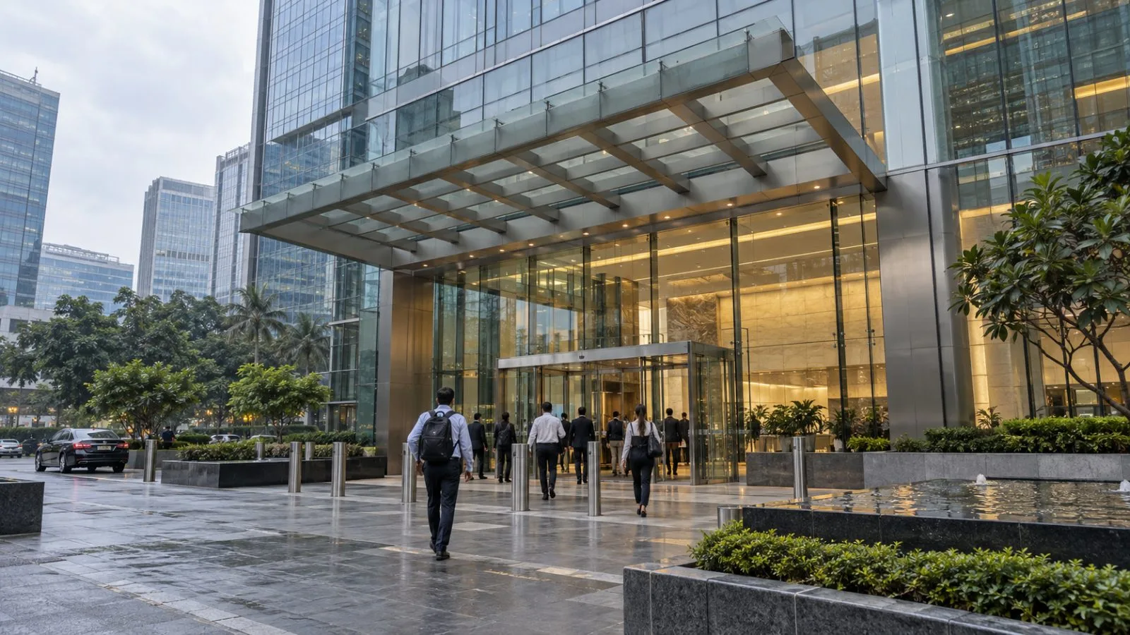Office workers enter a glass-fronted banking headquarters in Mumbai, India. (AI-generated image / EconoTimes)