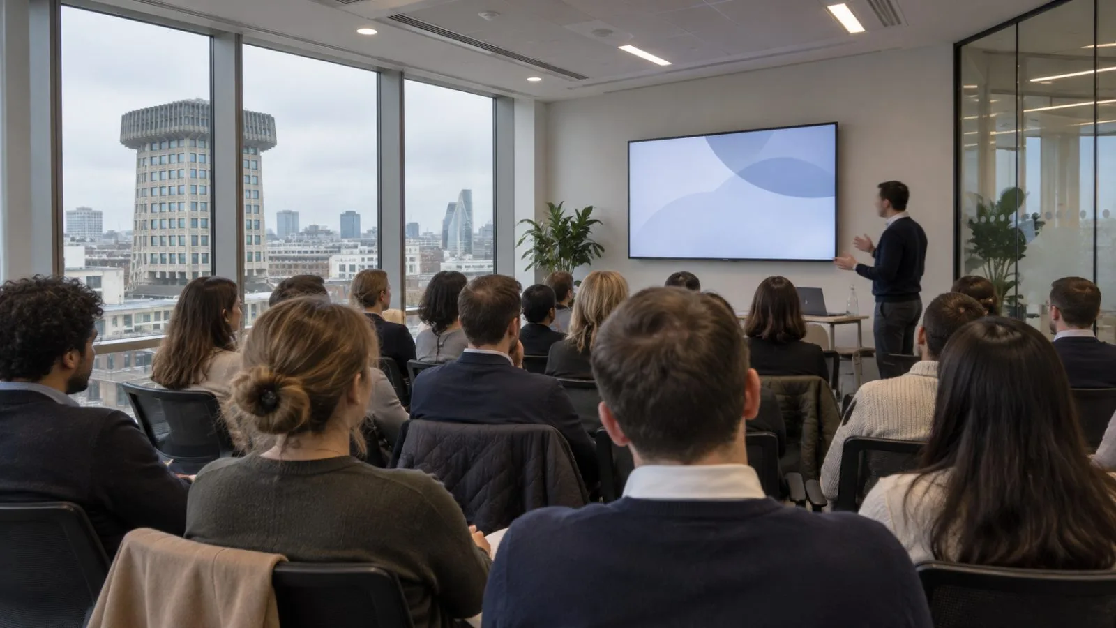Attendees listen during the UK government's Respond campaign launch at Bumble's London headquarters. / EconoTimes.ai