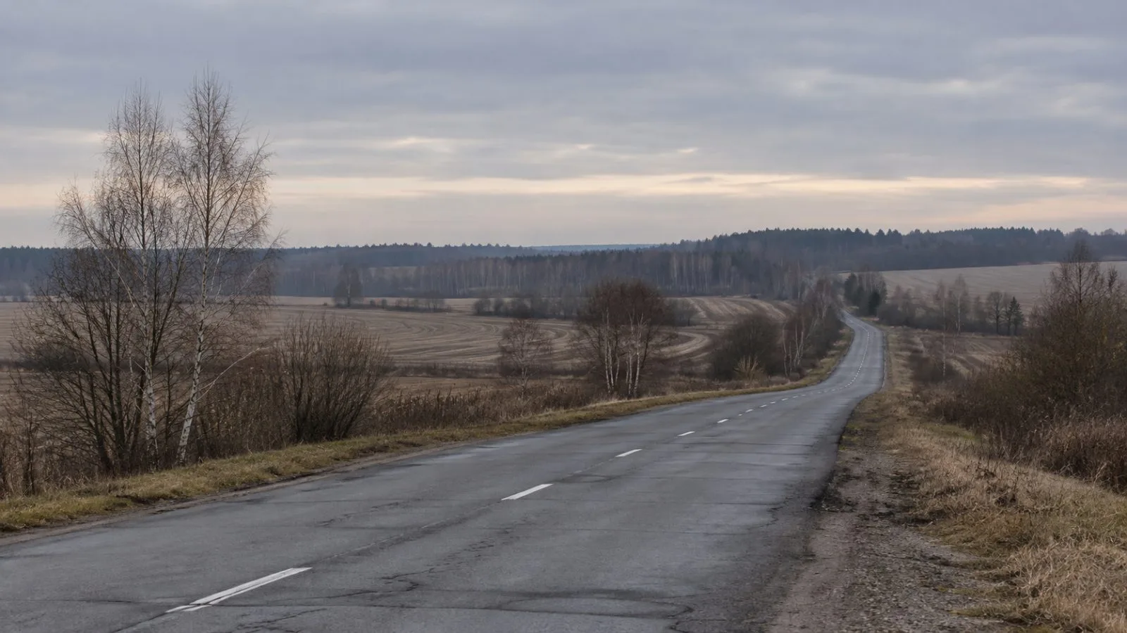 An empty rural road runs through autumn fields near Hulevka in Russia’s Bryansk Oblast. (AI-generated image / EconoTimes)
