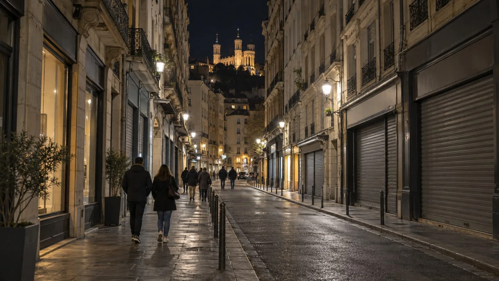 Shuttered shops line a quiet street in central Lyon after dark. (AI-generated image / EconoTimes)