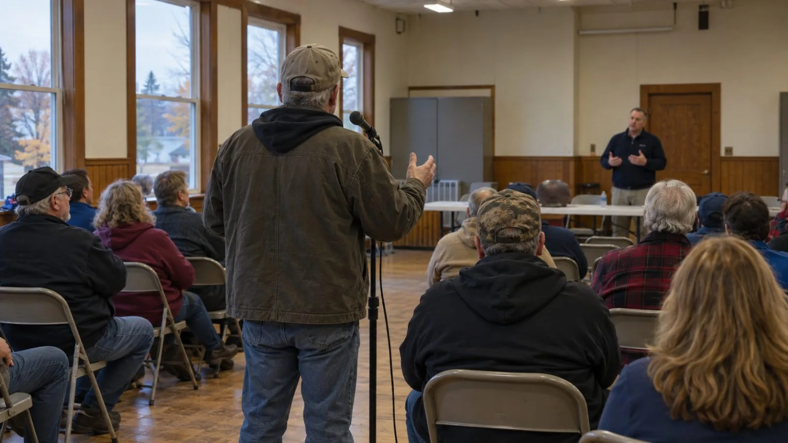 A speaker responds to an attendee during a campaign town hall in Caro, Michigan. (AI-generated image / EconoTimes)