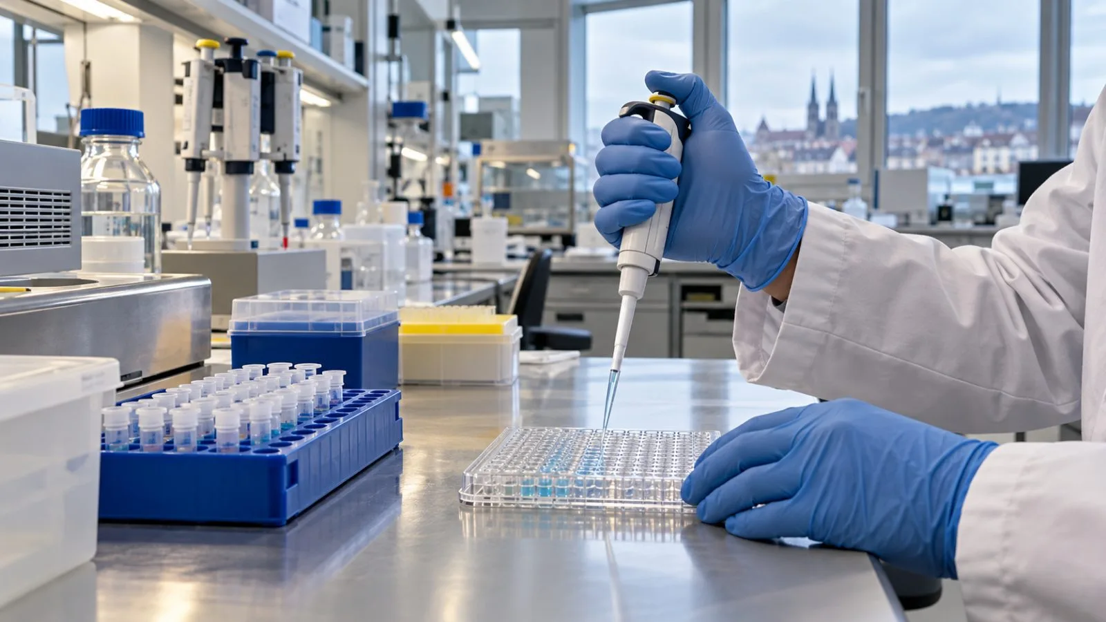 A researcher prepares protein assay samples at a laboratory bench in Basel, Switzerland. / EconoTimes.ai