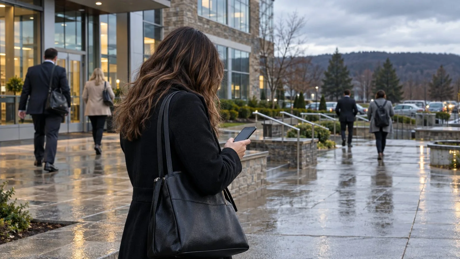 Commuters pass an office campus walkway in Malvern, Pennsylvania, on an overcast afternoon. (AI-generated image / EconoTimes)