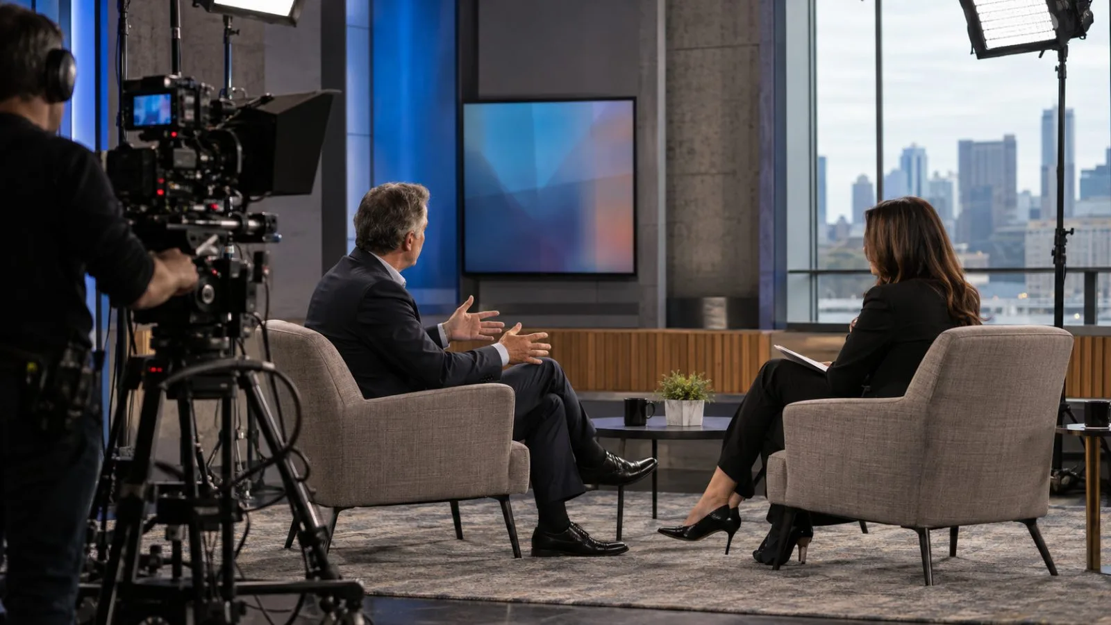 A televised interview is recorded inside the CBS Broadcast Center in New York City (AI-generated image / EconoTimes)