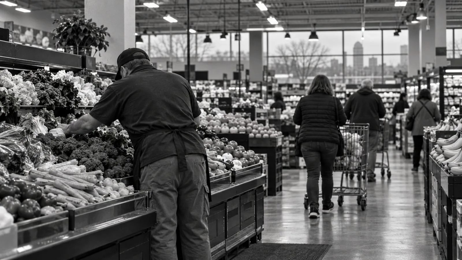 A worker replenishes fresh produce as shoppers pass through a Cincinnati supermarket. / EconoTimes.ai