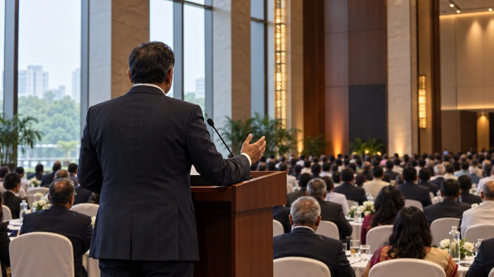 A speaker addresses an audience at a business summit in New Delhi, India. / EconoTimes.ai