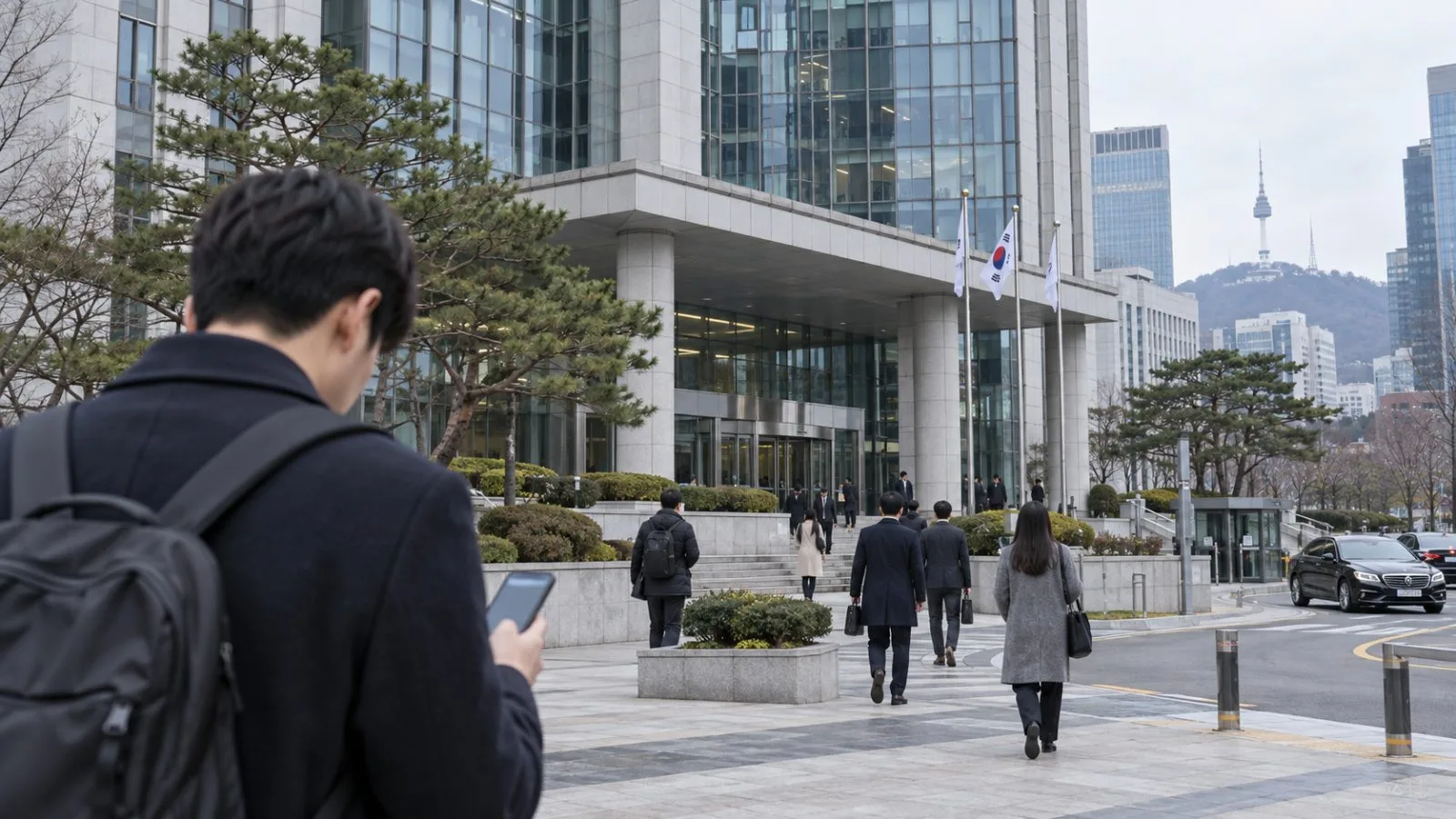 A passerby checks a smartphone outside a financial regulator’s office in Seoul, South Korea. (AI-generated image / EconoTimes)