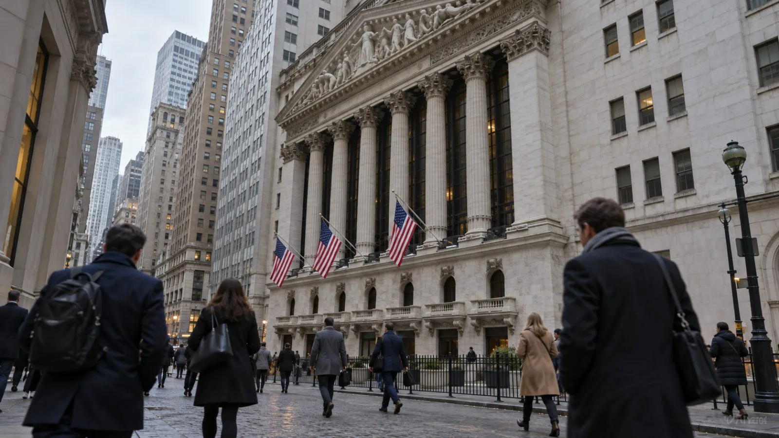 Commuters pass the New York Stock Exchange on Broad Street before the morning trading session. (AI-generated image / EconoTimes)