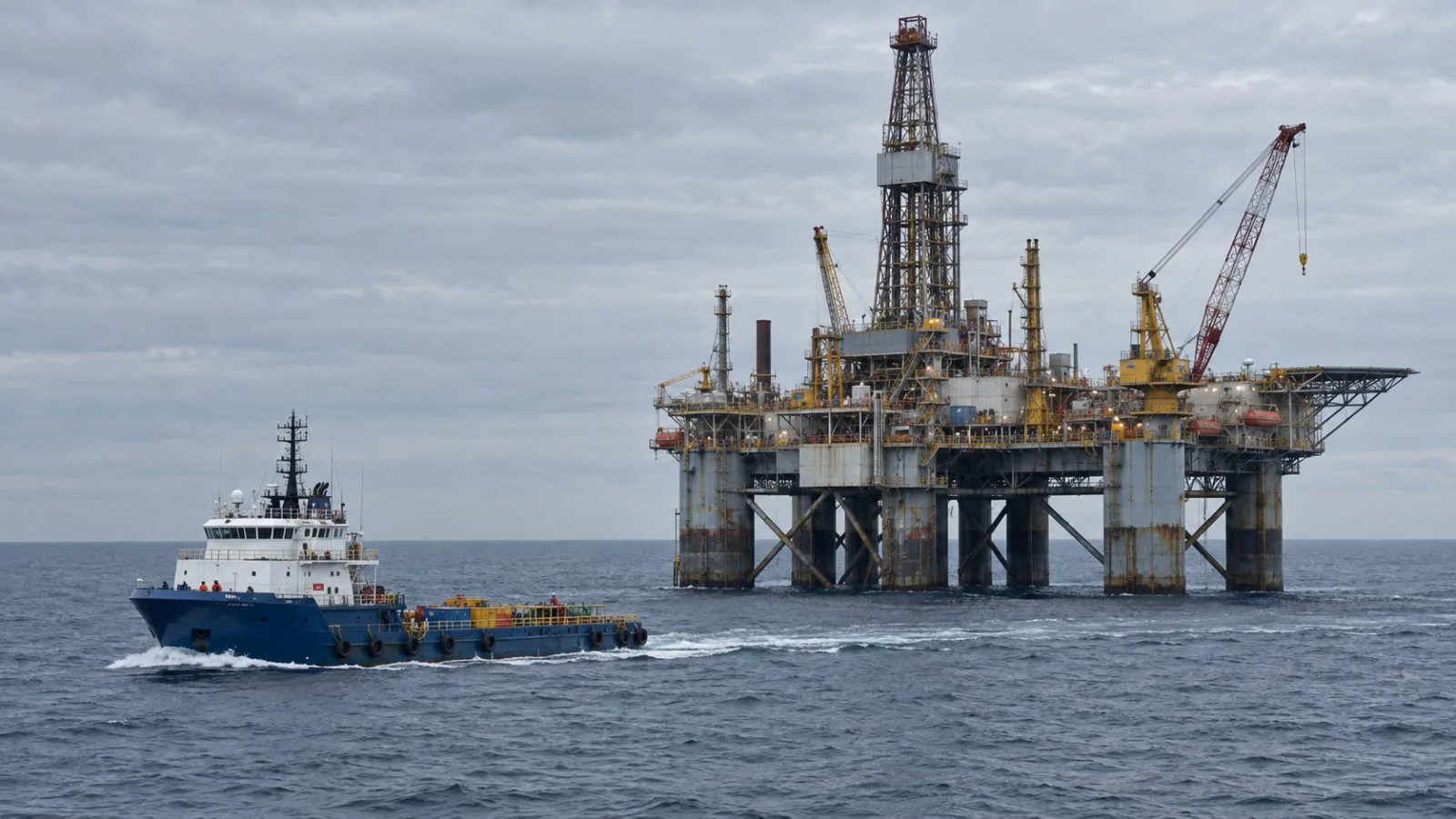An offshore drilling rig stands over the Gulf of Mexico off Louisiana as a supply vessel passes. (AI-generated image / EconoTimes)