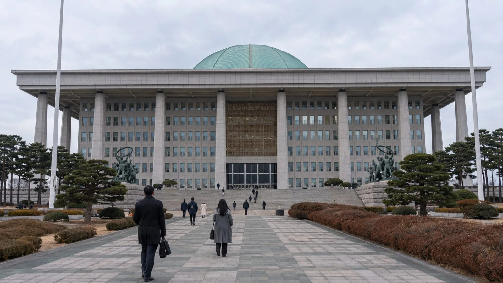 People enter the National Assembly building in Seoul under overcast skies. (AI-generated image / EconoTimes)