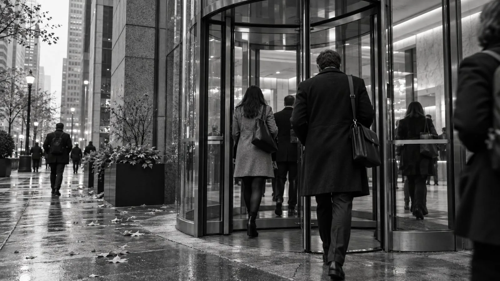 Employees enter a glass-fronted office building in downtown Chicago, Illinois, on an overcast morning. (AI-generated image / EconoTimes)