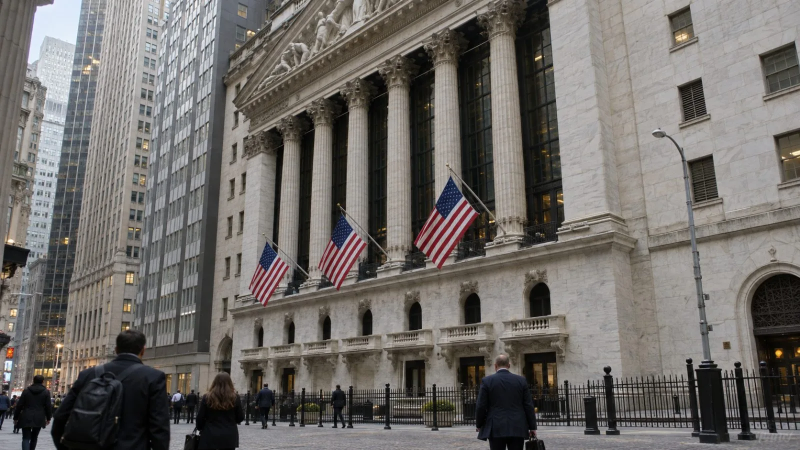 Pedestrians pass the New York Stock Exchange in Manhattan on an overcast morning (AI-generated image / EconoTimes)