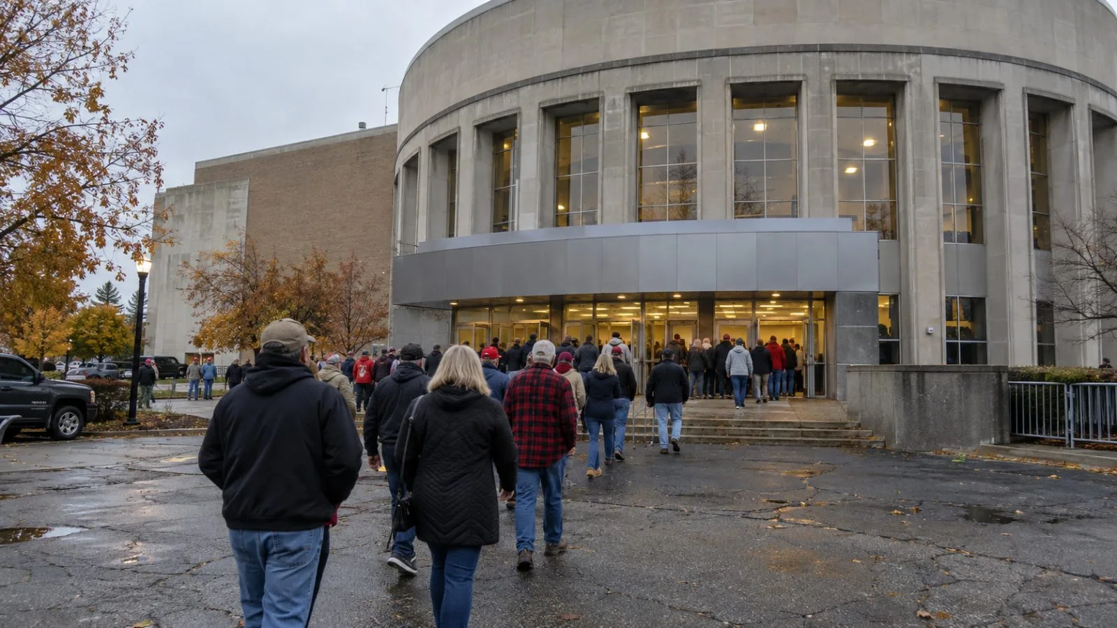 Attendees enter McMorran Place Arena in Port Huron, Michigan, before a campaign rally. (AI-generated image / EconoTimes)
